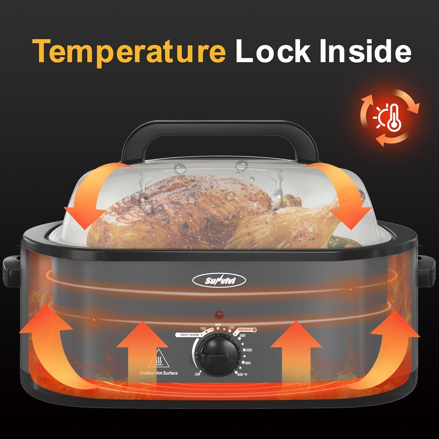 image:imageSunvivi Roaster Oven Electric Roaster Oven with Viewing Lid 28lb 24Quart Turkey Roaster with Unique DefrostWarm Function Large Roaster with Removable Pan amp Rack Stainless Steel WhiteGrey