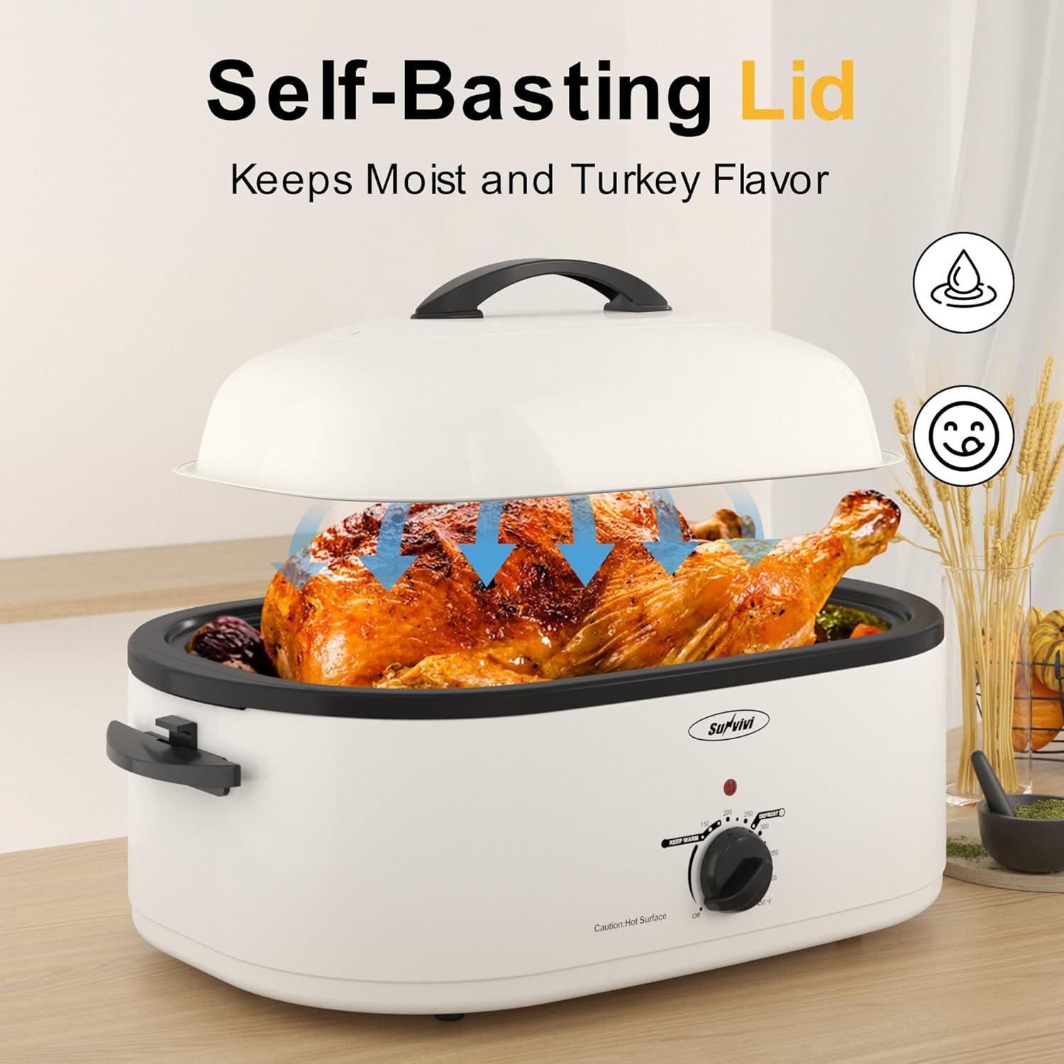 image:imageSunvivi Roaster Oven Electric Roaster Oven with Viewing Lid 28lb 24Quart Turkey Roaster with Unique DefrostWarm Function Large Roaster with Removable Pan amp Rack Stainless Steel WhiteWhite