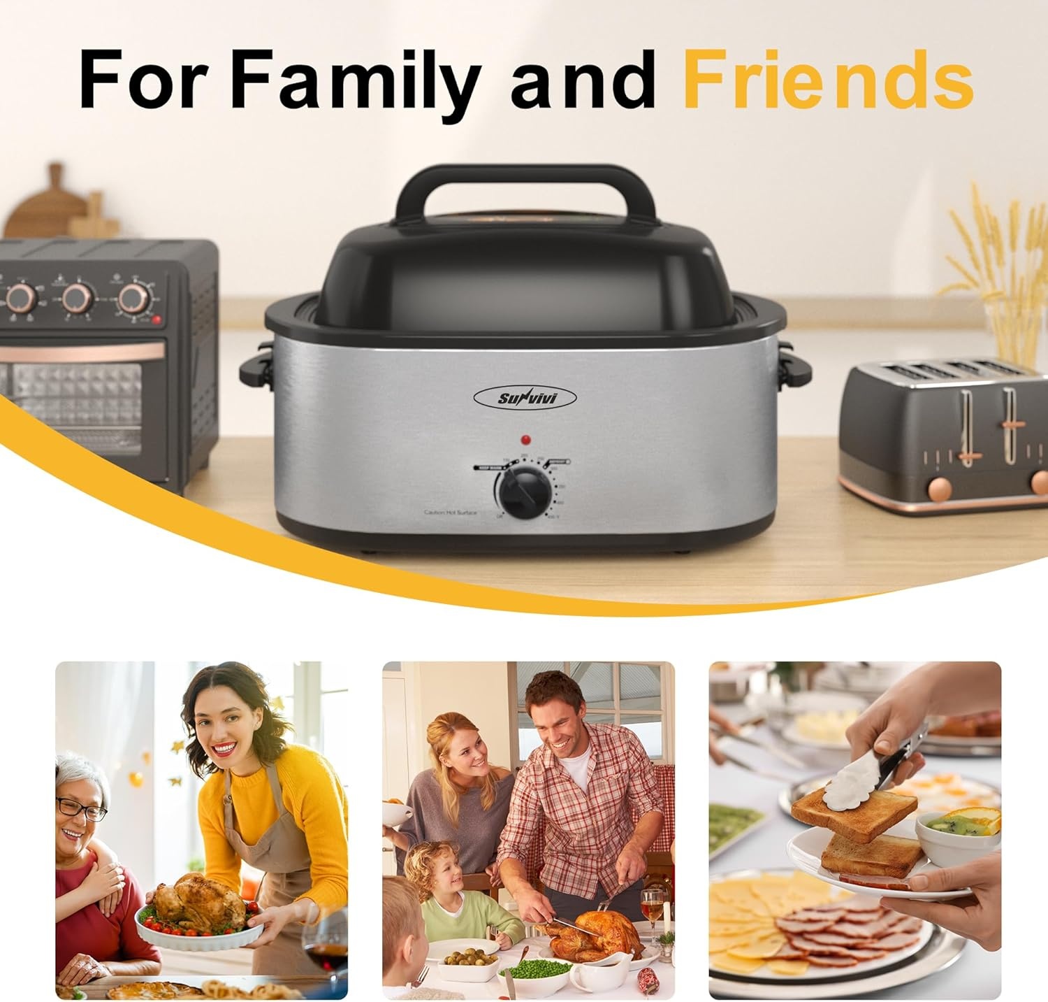 image:imageSunvivi Roaster Oven Electric Roaster Oven with Viewing Lid 28lb 24Quart Turkey Roaster with Unique DefrostWarm Function Large Roaster with Removable Pan amp Rack Stainless Steel WhiteSilver