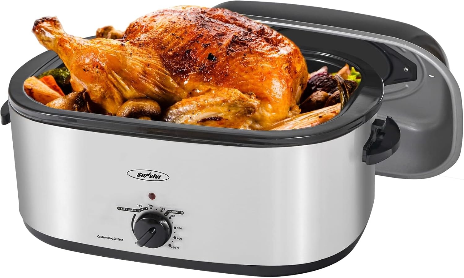 image:imageSunvivi Roaster Oven Electric Roaster Oven with Viewing Lid 28lb 24Quart Turkey Roaster with Unique DefrostWarm Function Large Roaster with Removable Pan amp Rack Stainless Steel WhiteSilver