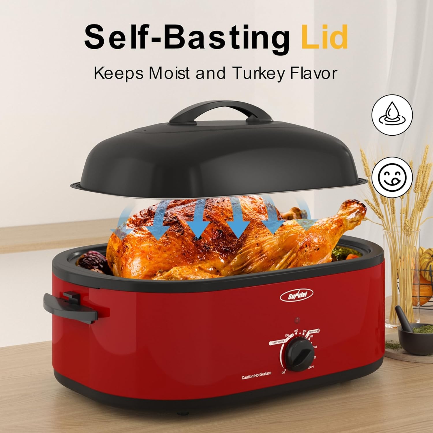 image:imageSunvivi Roaster Oven Electric Roaster Oven with Viewing Lid 28lb 24Quart Turkey Roaster with Unique DefrostWarm Function Large Roaster with Removable Pan amp Rack Stainless Steel WhiteRed
