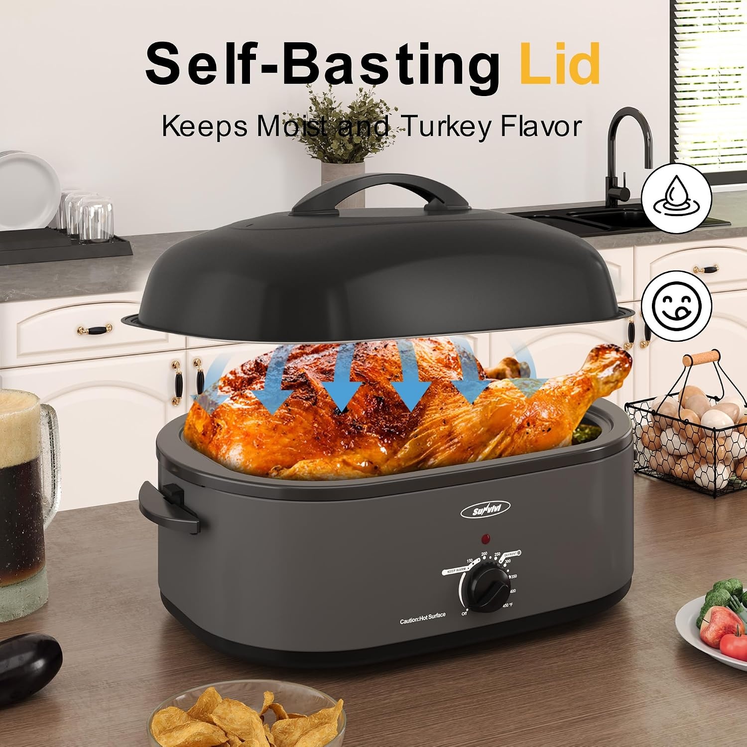 image:imageSunvivi Roaster Oven Electric Roaster Oven with Viewing Lid 28lb 24Quart Turkey Roaster with Unique DefrostWarm Function Large Roaster with Removable Pan amp Rack Stainless Steel WhiteGrey