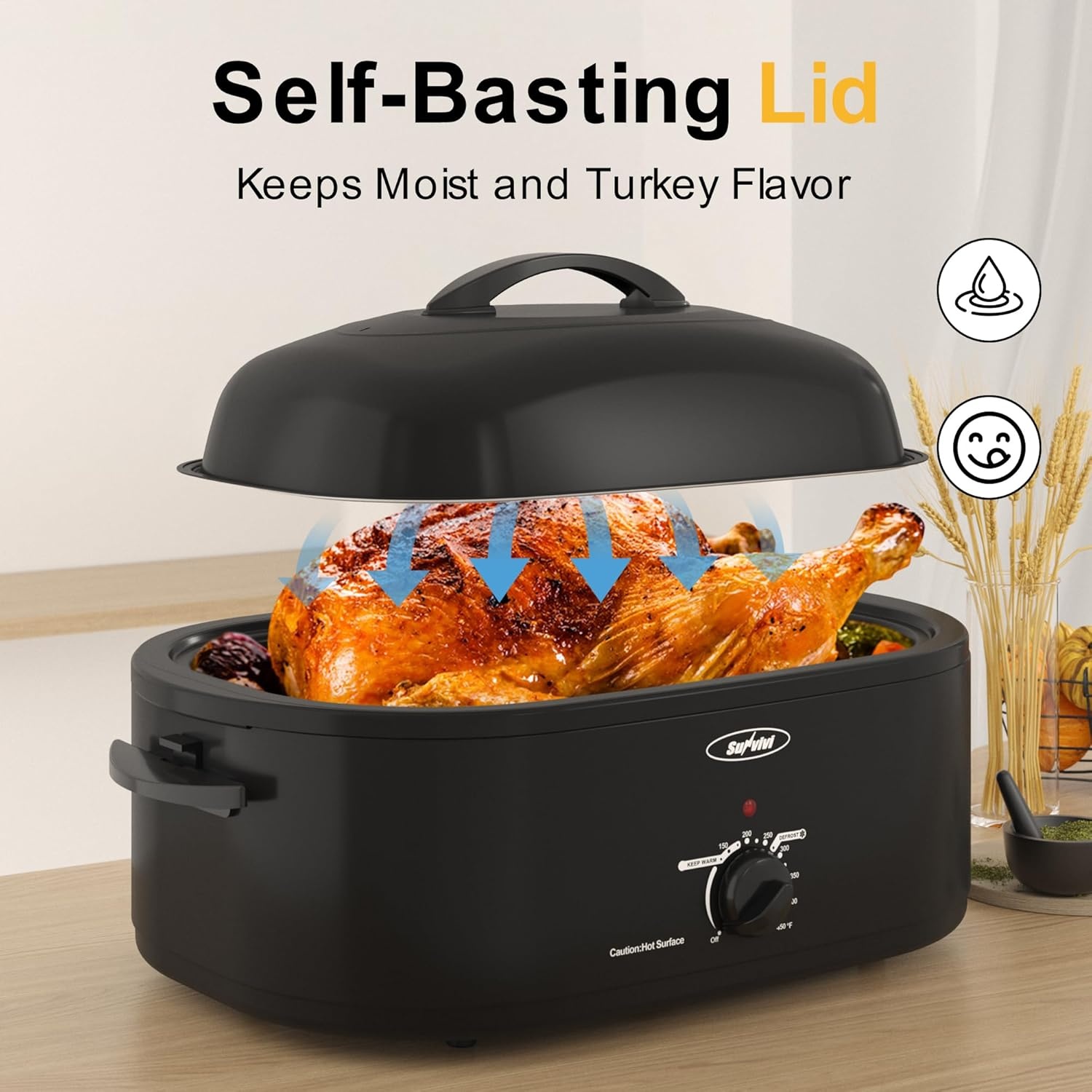 image:imageSunvivi Roaster Oven Electric Roaster Oven with Viewing Lid 28lb 24Quart Turkey Roaster with Unique DefrostWarm Function Large Roaster with Removable Pan amp Rack Stainless Steel WhiteBlack