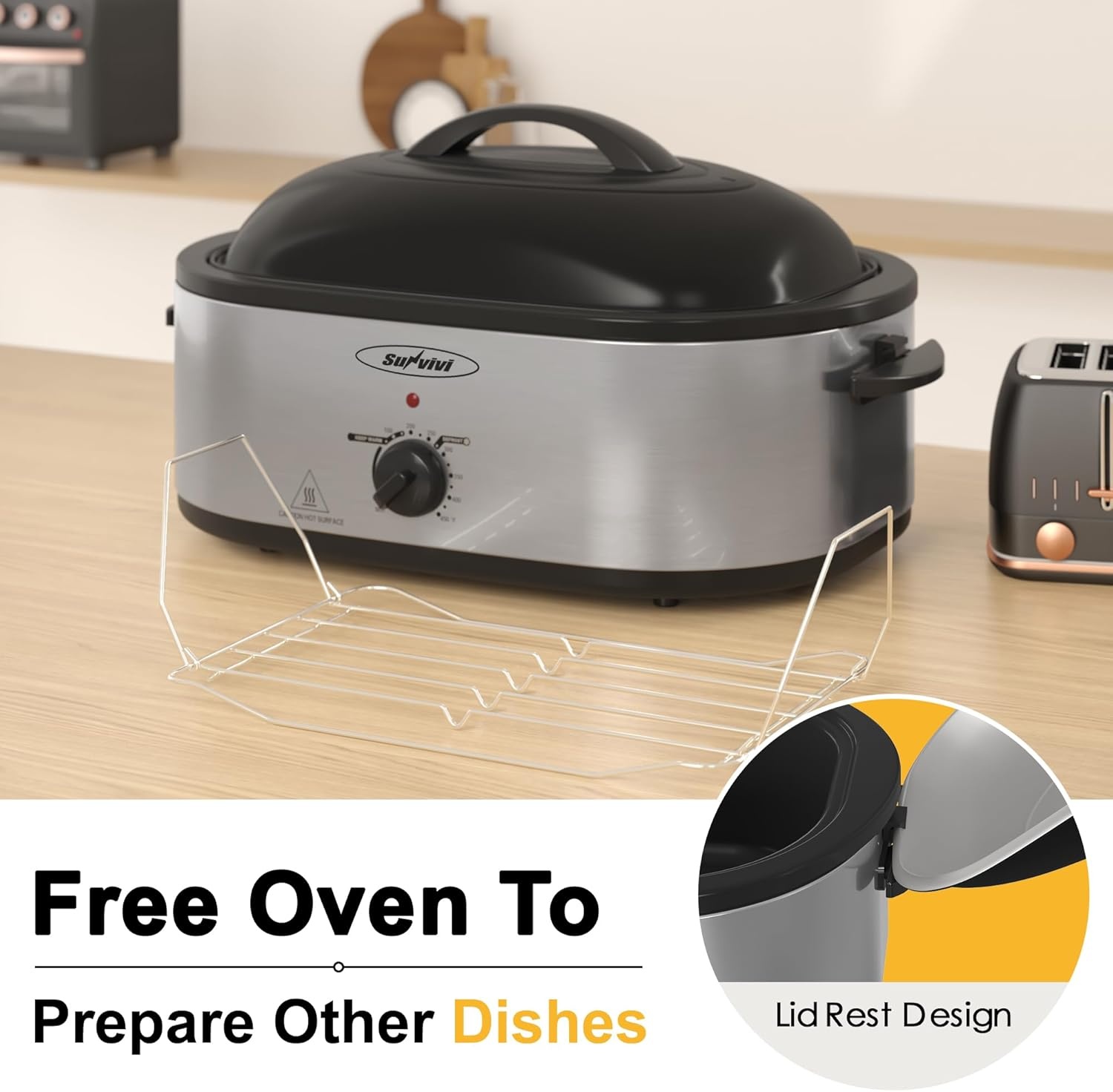 image:imageSunvivi Roaster Oven Electric Roaster Oven with Viewing Lid 28lb 24Quart Turkey Roaster with Unique DefrostWarm Function Large Roaster with Removable Pan amp Rack Stainless Steel WhiteSilver