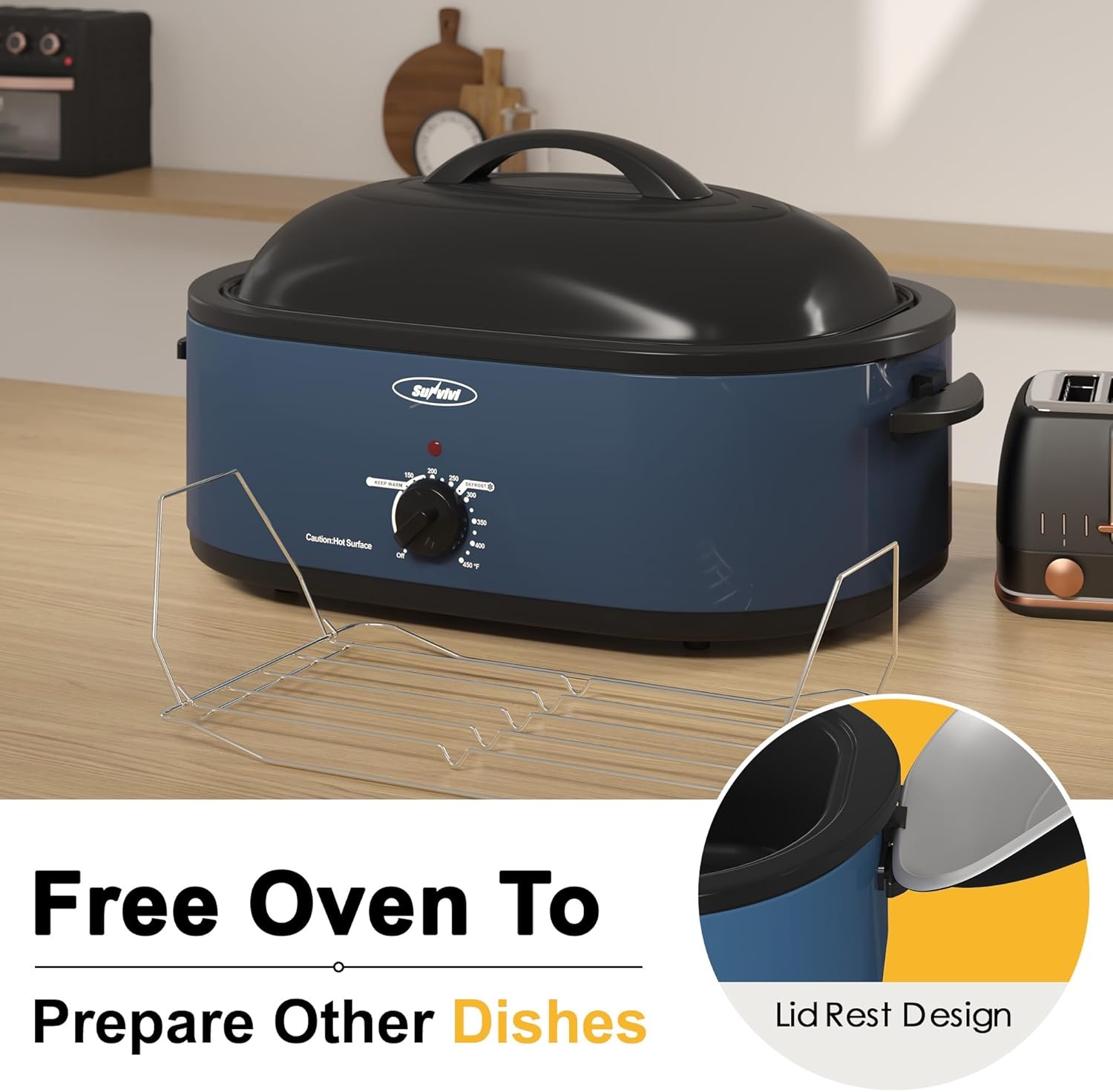 image:imageSunvivi Roaster Oven Electric Roaster Oven with Viewing Lid 28lb 24Quart Turkey Roaster with Unique DefrostWarm Function Large Roaster with Removable Pan amp Rack Stainless Steel WhiteBlue