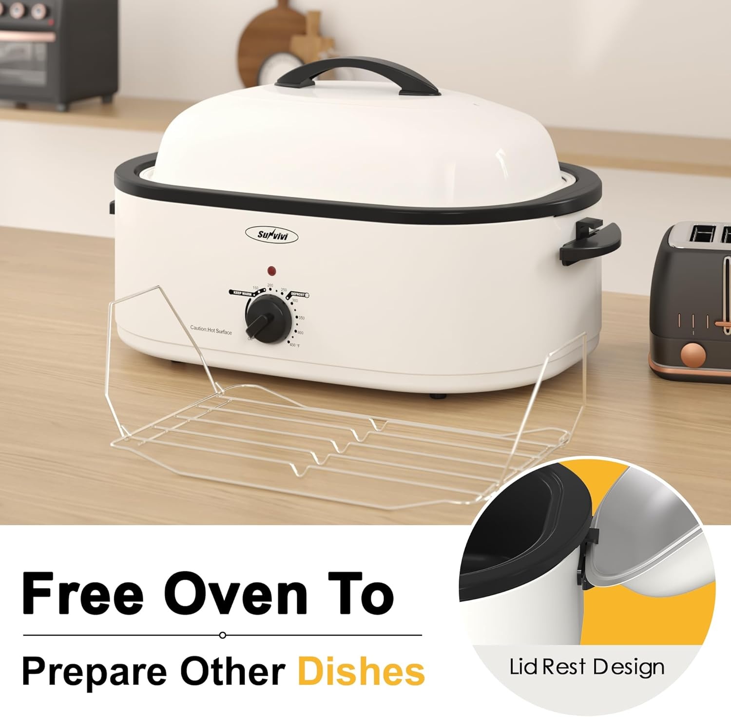 image:imageSunvivi Roaster Oven Electric Roaster Oven with Viewing Lid 28lb 24Quart Turkey Roaster with Unique DefrostWarm Function Large Roaster with Removable Pan amp Rack Stainless Steel WhiteWhite