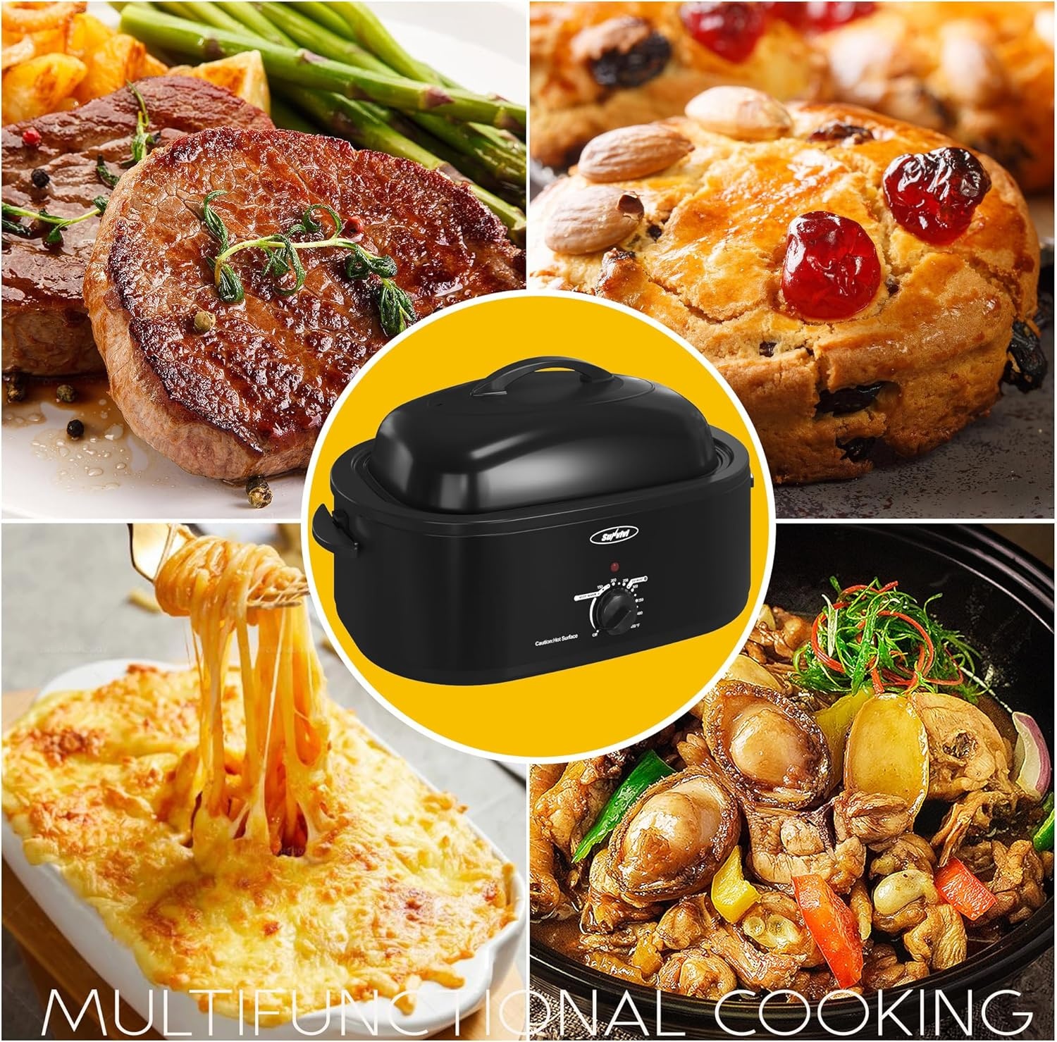 image:imageSunvivi Roaster Oven Electric Roaster Oven with Viewing Lid 28lb 24Quart Turkey Roaster with Unique DefrostWarm Function Large Roaster with Removable Pan amp Rack Stainless Steel WhiteBlack