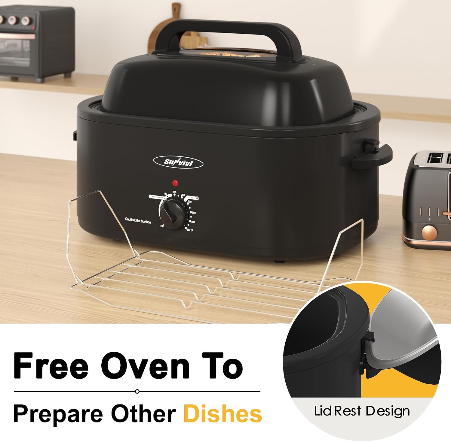 image:imageSunvivi Roaster Oven Electric Roaster Oven with Viewing Lid 28lb 24Quart Turkey Roaster with Unique DefrostWarm Function Large Roaster with Removable Pan amp Rack Stainless Steel WhiteBlack