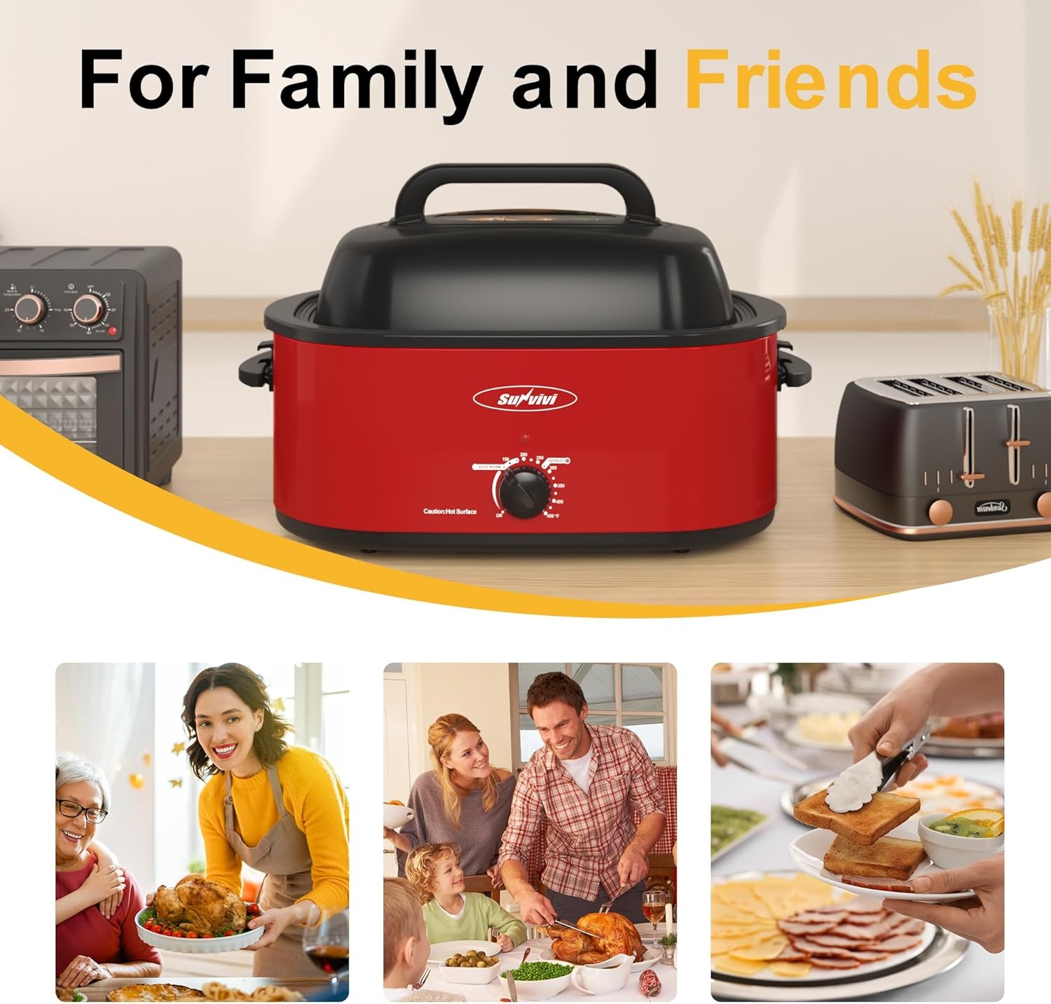 image:imageSunvivi Roaster Oven Electric Roaster Oven with Viewing Lid 28lb 24Quart Turkey Roaster with Unique DefrostWarm Function Large Roaster with Removable Pan amp Rack Stainless Steel WhiteRed