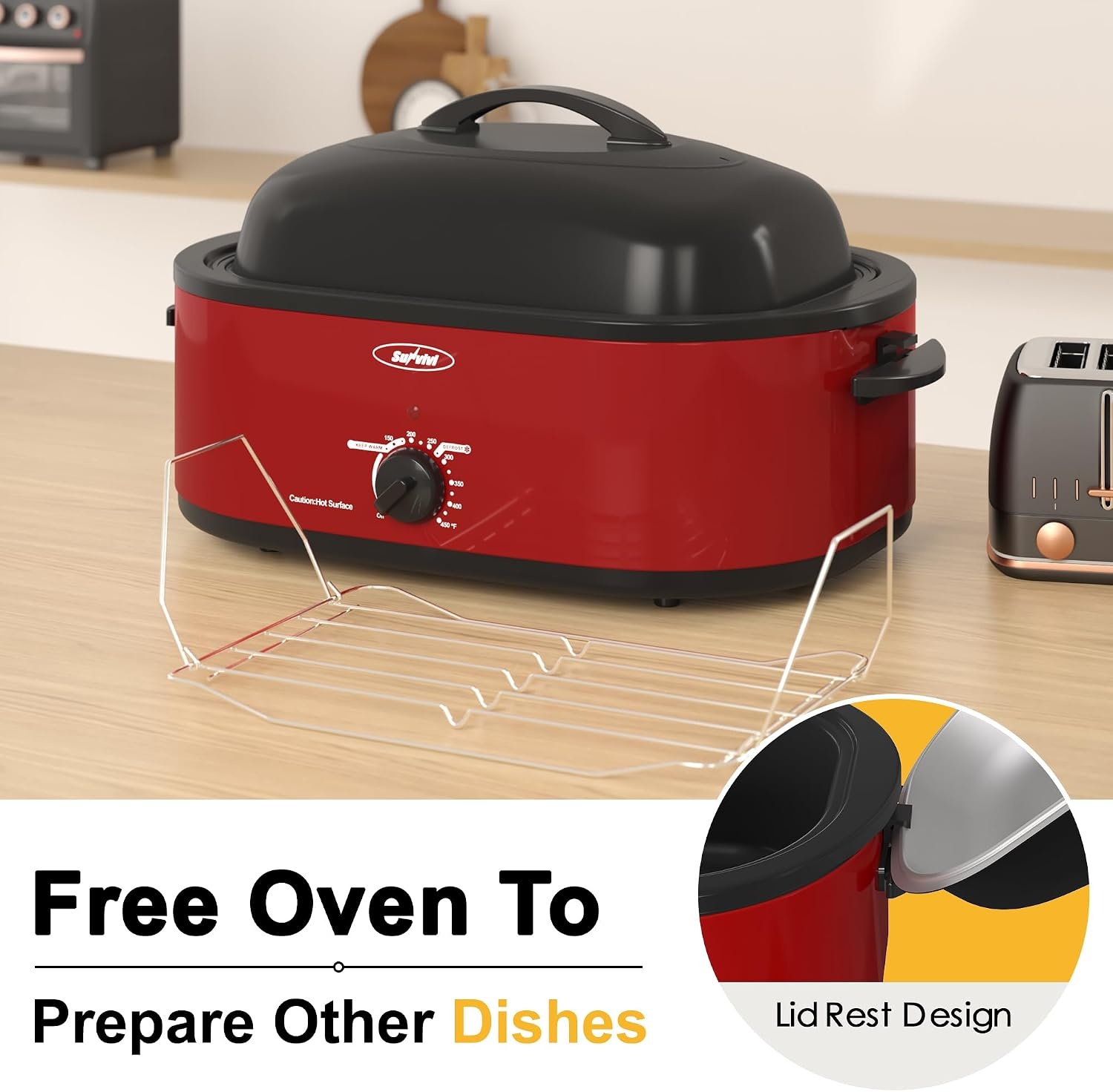 image:imageSunvivi Roaster Oven Electric Roaster Oven with Viewing Lid 28lb 24Quart Turkey Roaster with Unique DefrostWarm Function Large Roaster with Removable Pan amp Rack Stainless Steel WhiteRed