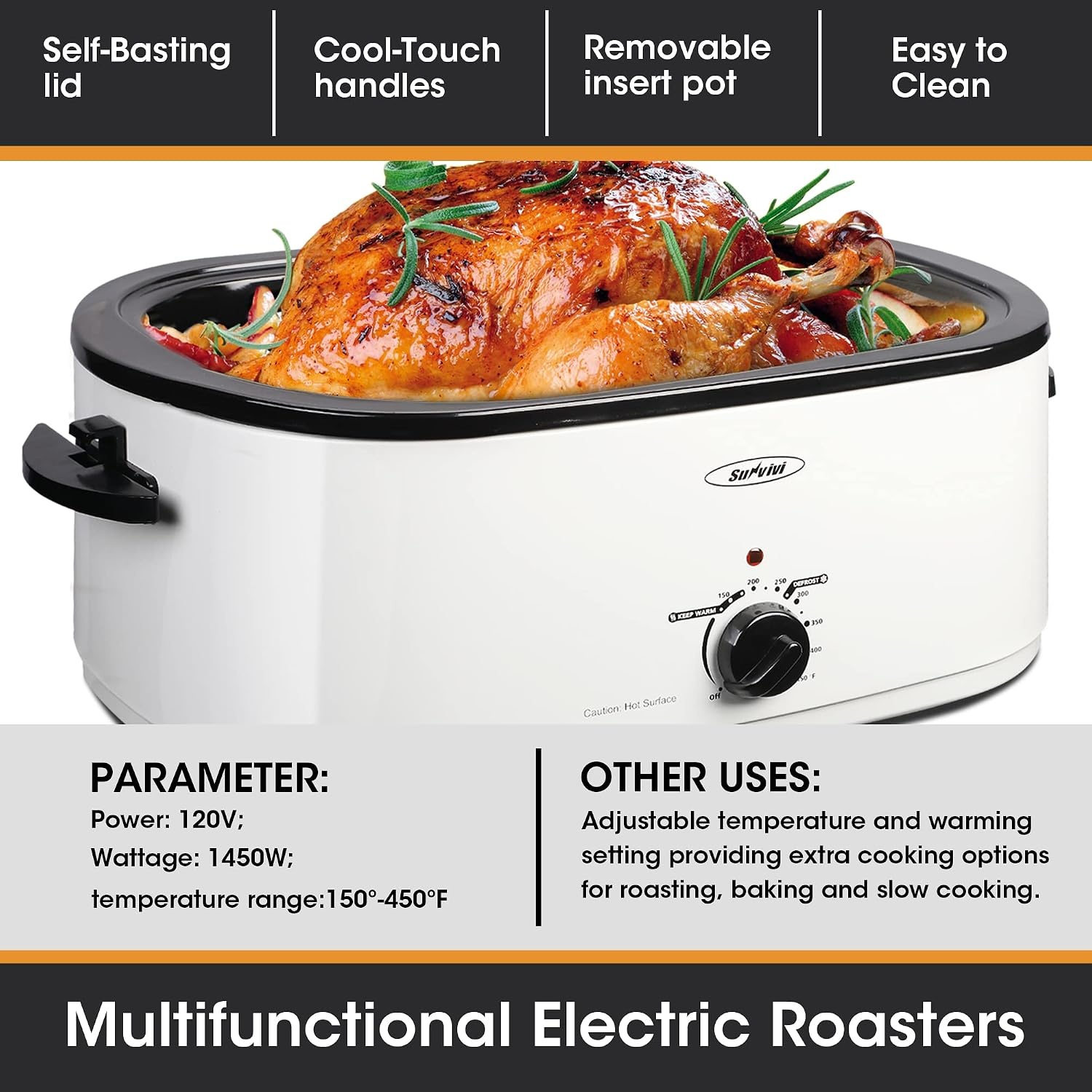 image:imageSunvivi Roaster Oven Electric Roaster Oven with Viewing Lid 28lb 24Quart Turkey Roaster with Unique DefrostWarm Function Large Roaster with Removable Pan amp Rack Stainless Steel WhiteWhite