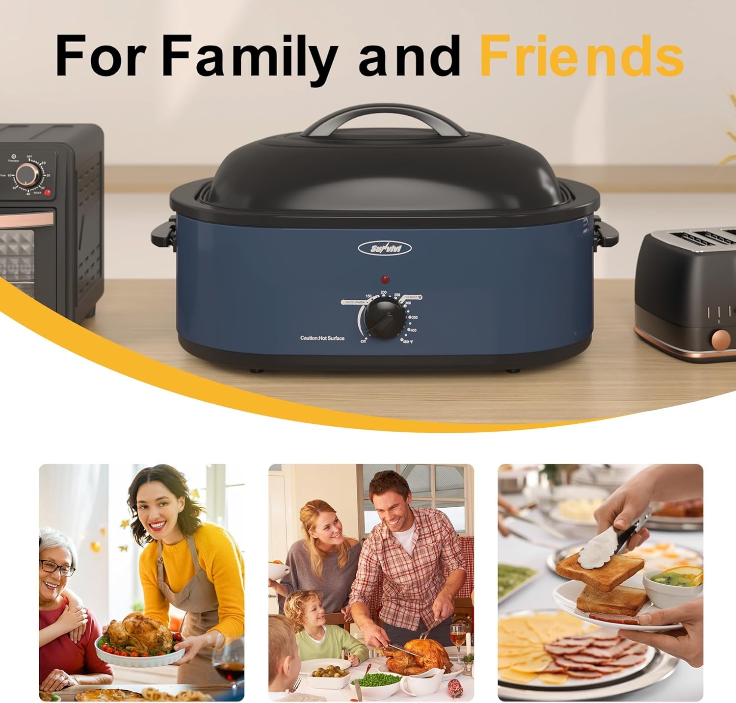 image:imageSunvivi Roaster Oven Electric Roaster Oven with Viewing Lid 28lb 24Quart Turkey Roaster with Unique DefrostWarm Function Large Roaster with Removable Pan amp Rack Stainless Steel WhiteBlue