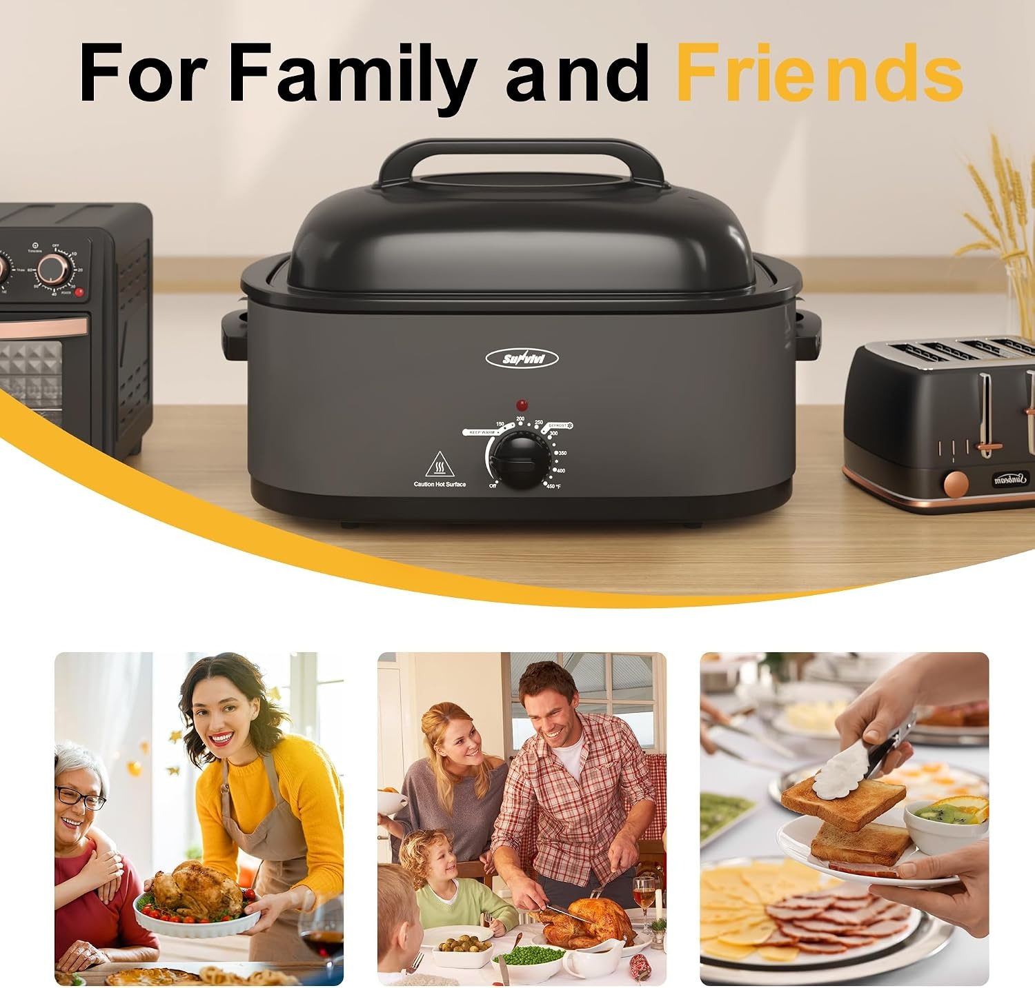 image:imageSunvivi Roaster Oven Electric Roaster Oven with Viewing Lid 28lb 24Quart Turkey Roaster with Unique DefrostWarm Function Large Roaster with Removable Pan amp Rack Stainless Steel WhiteGrey