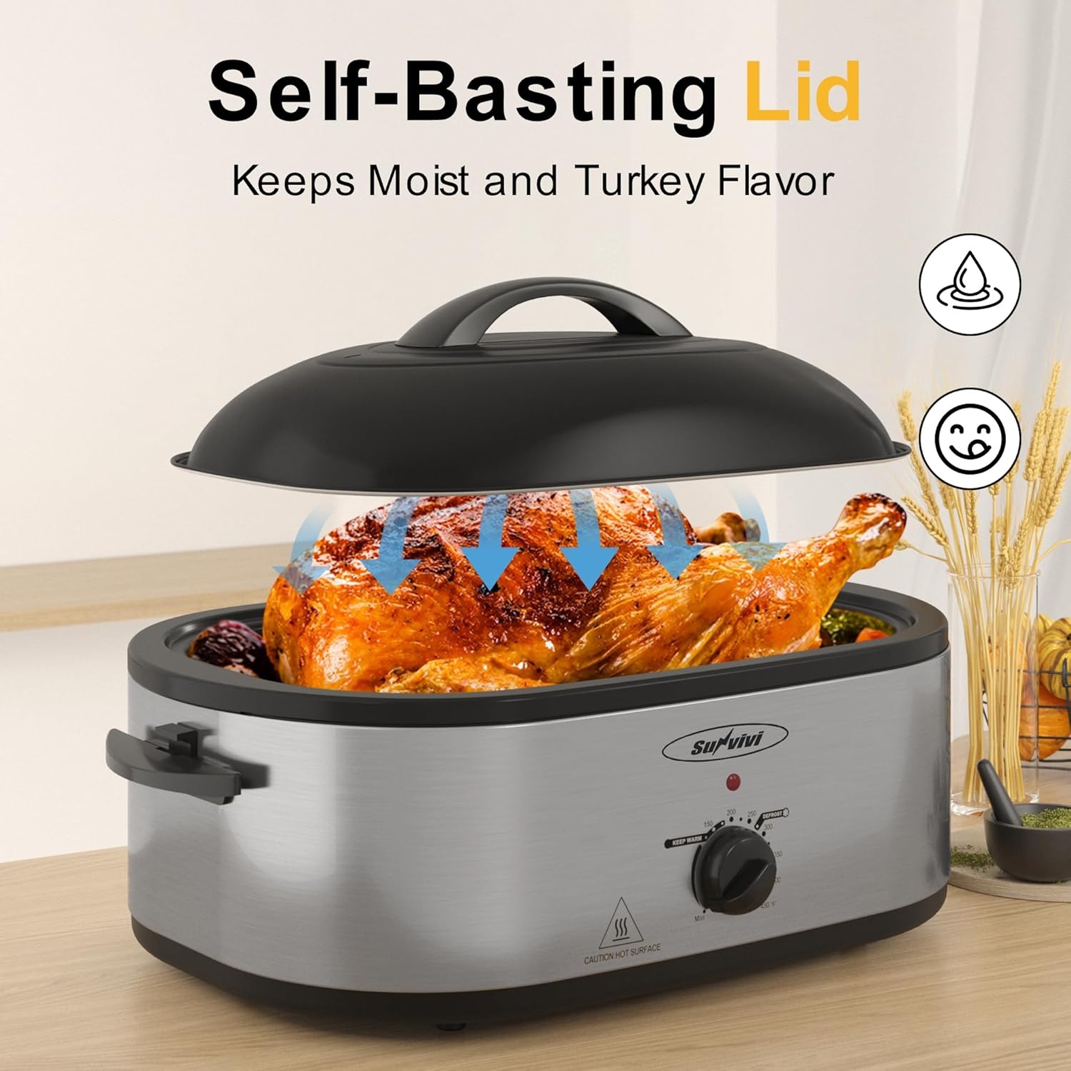 image:imageSunvivi Roaster Oven Electric Roaster Oven with Viewing Lid 28lb 24Quart Turkey Roaster with Unique DefrostWarm Function Large Roaster with Removable Pan amp Rack Stainless Steel WhiteSilver
