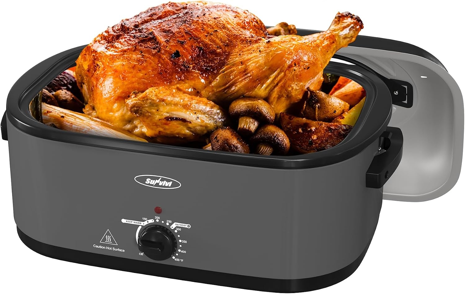 image:imageSunvivi Roaster Oven Electric Roaster Oven with Viewing Lid 28lb 24Quart Turkey Roaster with Unique DefrostWarm Function Large Roaster with Removable Pan amp Rack Stainless Steel WhiteGrey