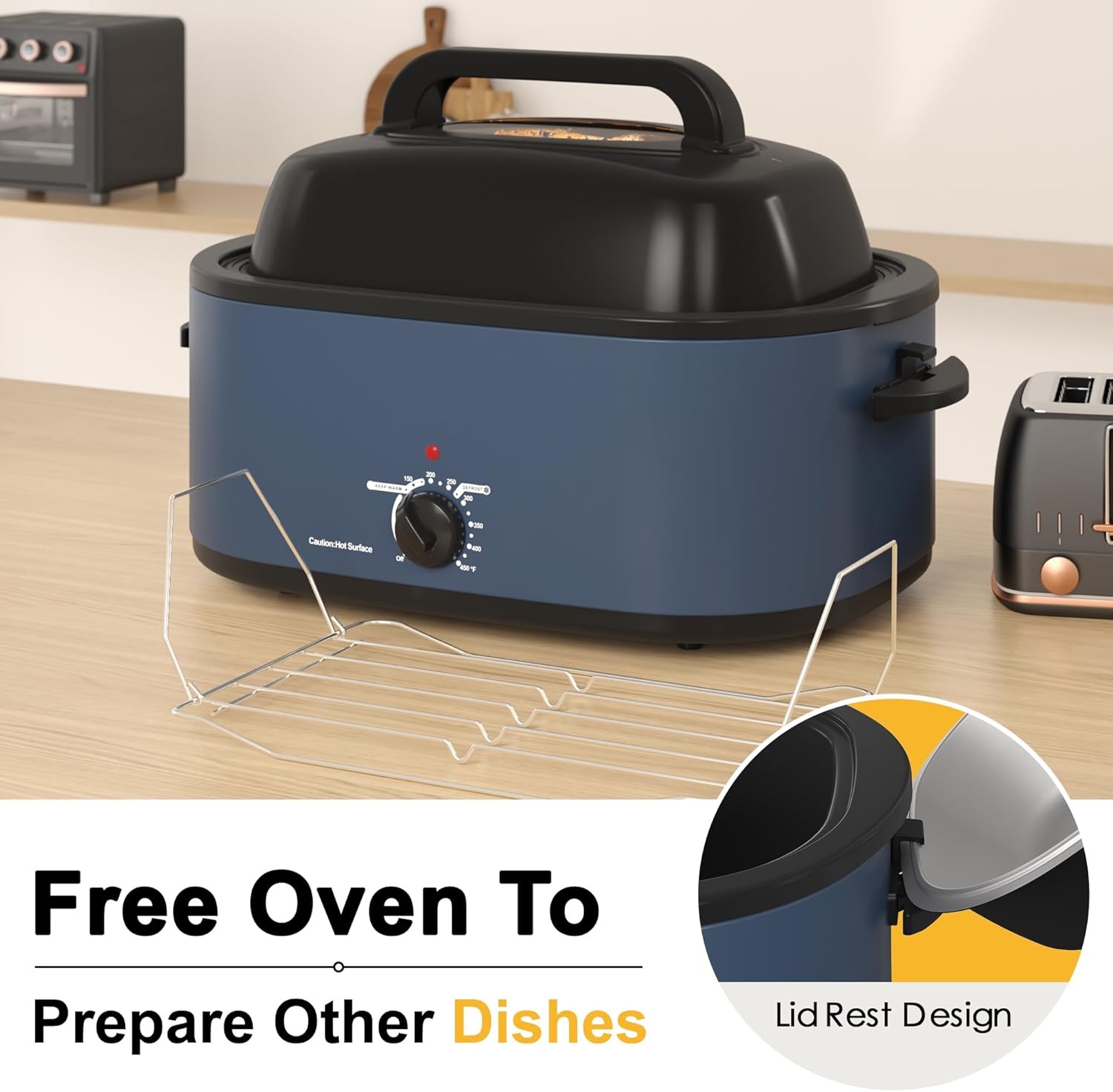 image:imageSunvivi Roaster Oven Electric Roaster Oven with Viewing Lid 28lb 24Quart Turkey Roaster with Unique DefrostWarm Function Large Roaster with Removable Pan amp Rack Stainless Steel WhiteBlue
