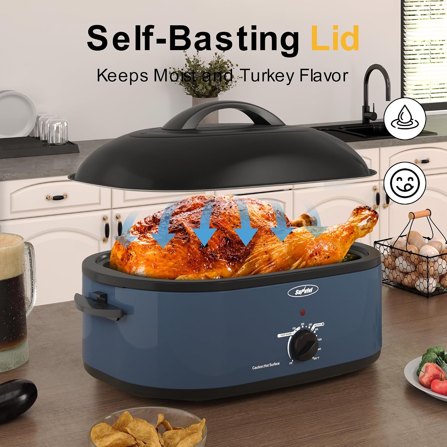 image:imageSunvivi Roaster Oven Electric Roaster Oven with Viewing Lid 28lb 24Quart Turkey Roaster with Unique DefrostWarm Function Large Roaster with Removable Pan amp Rack Stainless Steel WhiteBlue