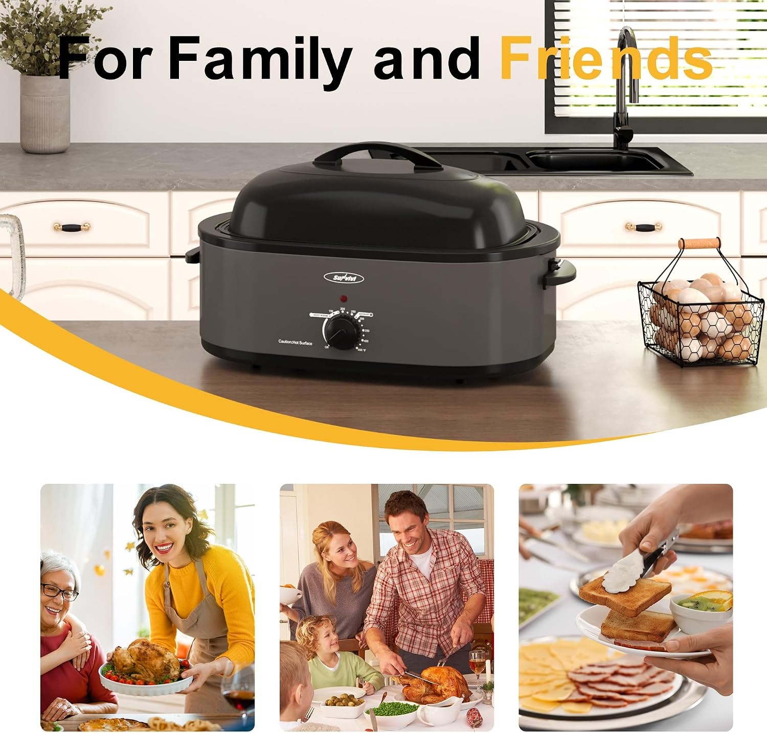 image:imageSunvivi Roaster Oven Electric Roaster Oven with Viewing Lid 28lb 24Quart Turkey Roaster with Unique DefrostWarm Function Large Roaster with Removable Pan amp Rack Stainless Steel WhiteGrey