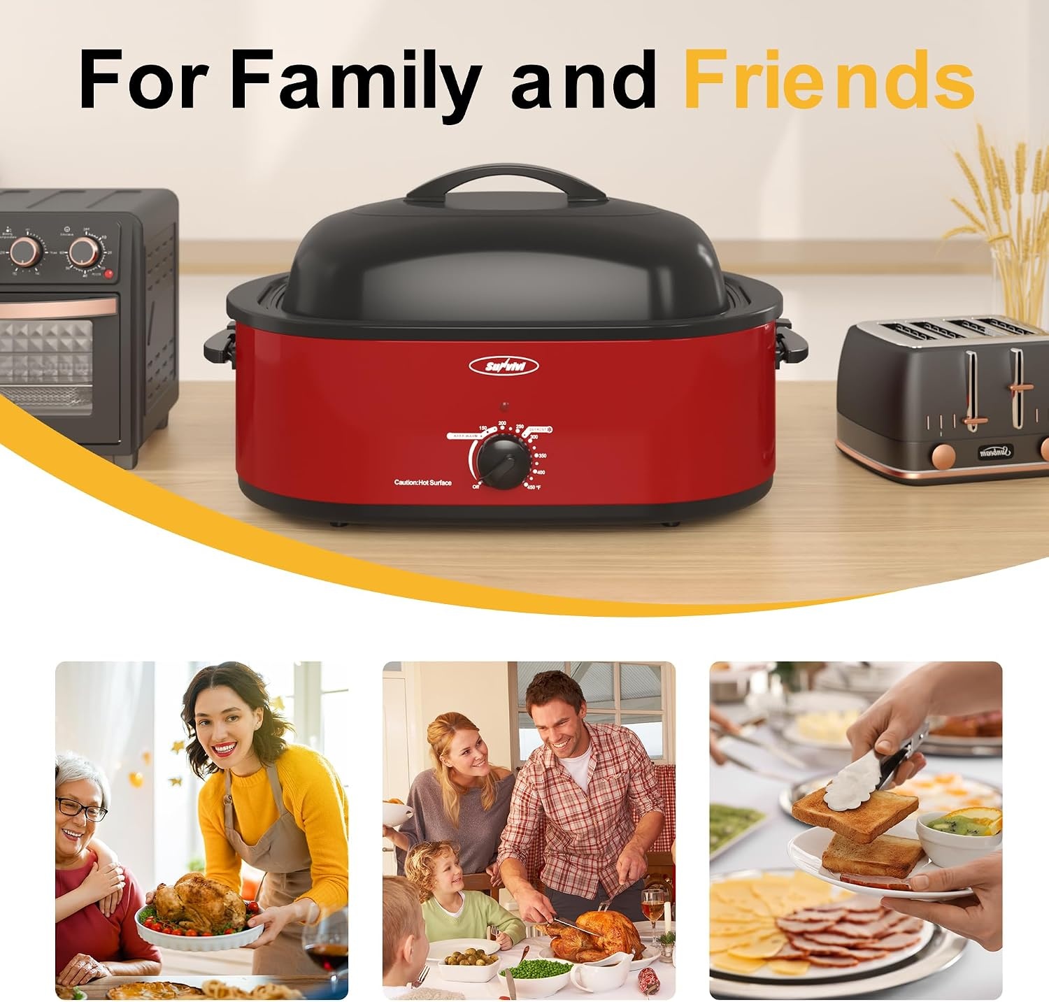 image:imageSunvivi Roaster Oven Electric Roaster Oven with Viewing Lid 28lb 24Quart Turkey Roaster with Unique DefrostWarm Function Large Roaster with Removable Pan amp Rack Stainless Steel WhiteRed