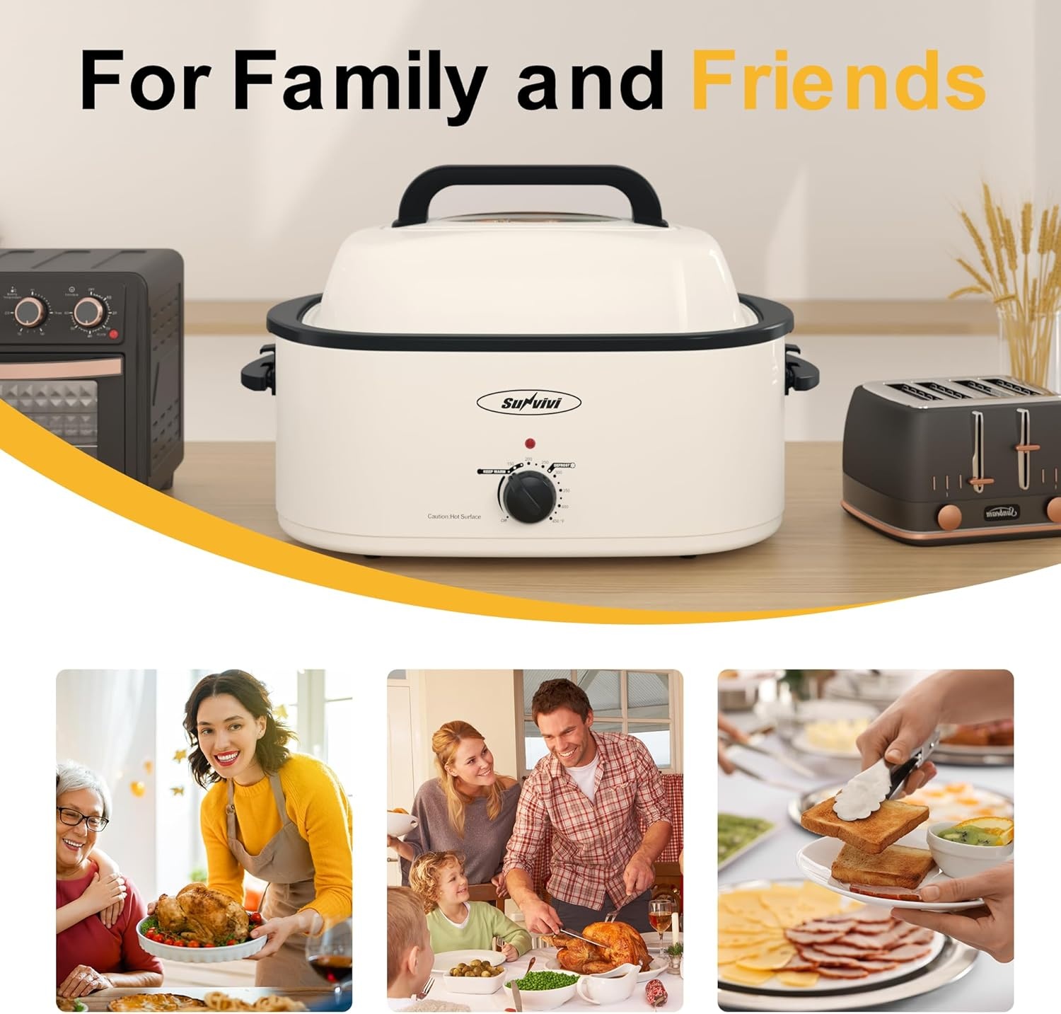 image:imageSunvivi Roaster Oven Electric Roaster Oven with Viewing Lid 28lb 24Quart Turkey Roaster with Unique DefrostWarm Function Large Roaster with Removable Pan amp Rack Stainless Steel WhiteWhite