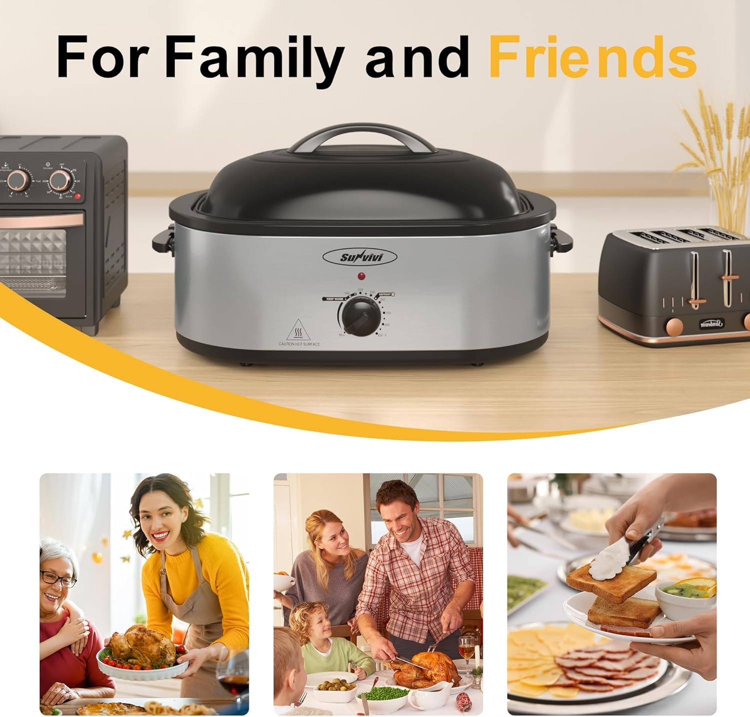 image:imageSunvivi Roaster Oven Electric Roaster Oven with Viewing Lid 28lb 24Quart Turkey Roaster with Unique DefrostWarm Function Large Roaster with Removable Pan amp Rack Stainless Steel WhiteSilver