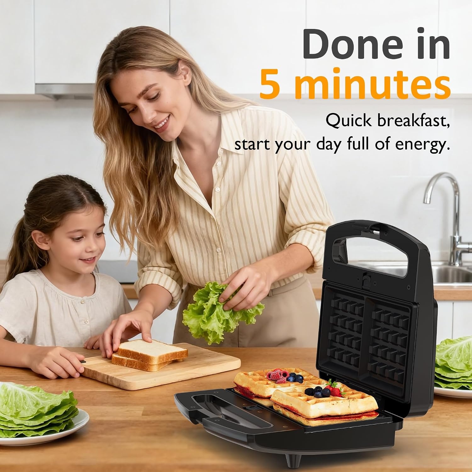 image:imageSunvivi Sandwich Maker Panini Press Waffle Maker with Removable Plates 3 in 1 Sandwich Maker Press with NonStick Plates Indicator Lights amp Cool Touch Handle 750W BlackBlackGlassTopC