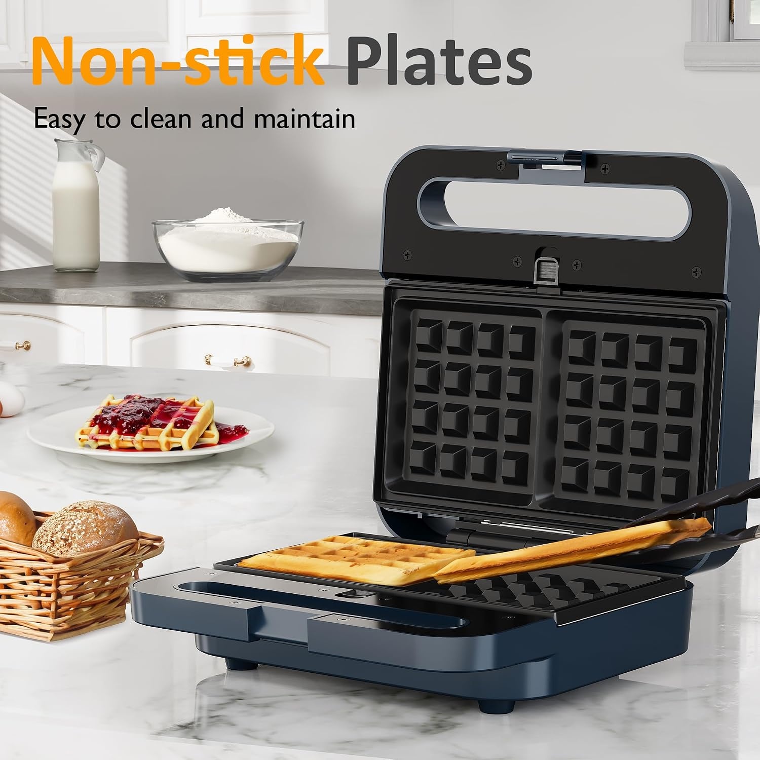 image:imageSunvivi Sandwich Maker Panini Press Waffle Maker with Removable Plates 3 in 1 Sandwich Maker Press with NonStick Plates Indicator Lights amp Cool Touch Handle 750W BlackBlueGlassTopB
