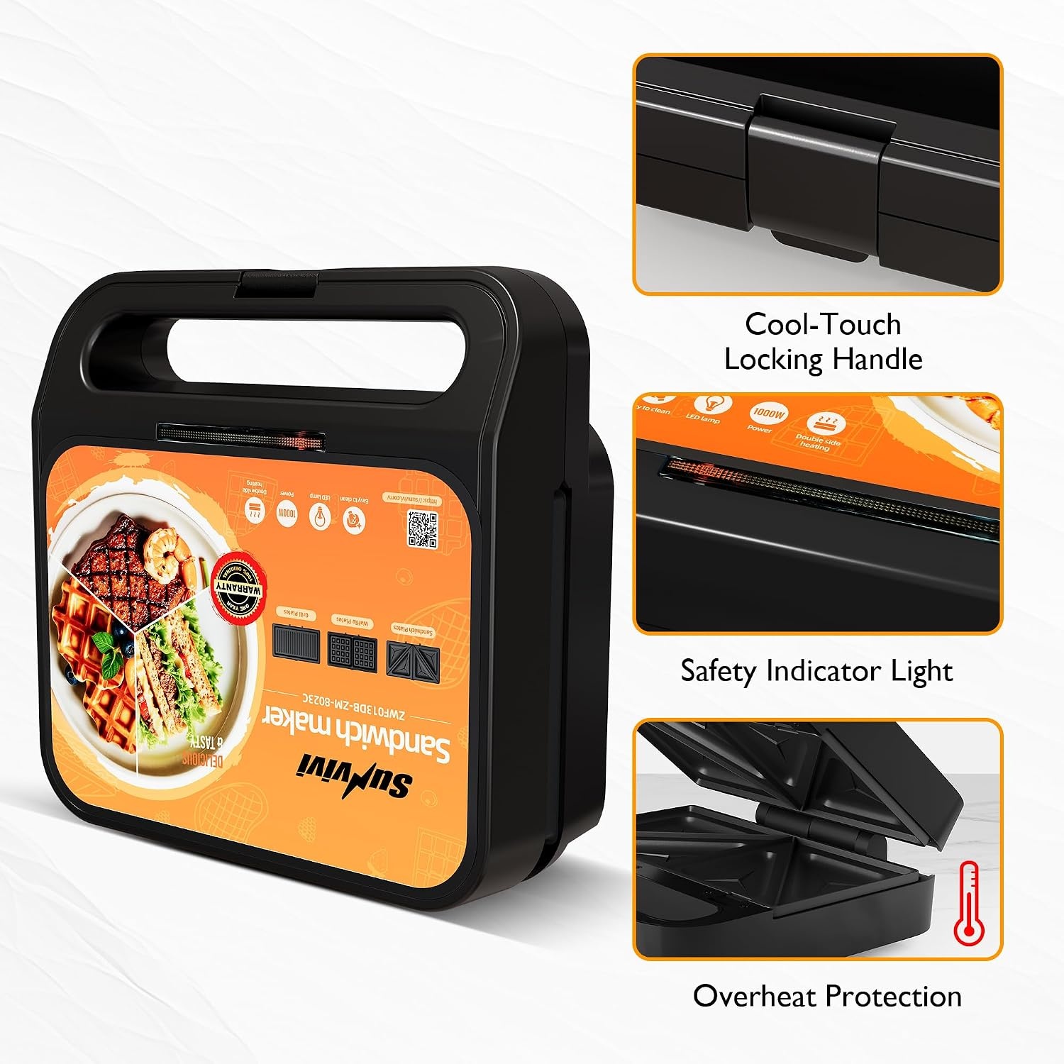 image:imageSunvivi Sandwich Maker Panini Press Waffle Maker with Removable Plates 3 in 1 Sandwich Maker Press with NonStick Plates Indicator Lights amp Cool Touch Handle 750W BlackBlackGlassTopB