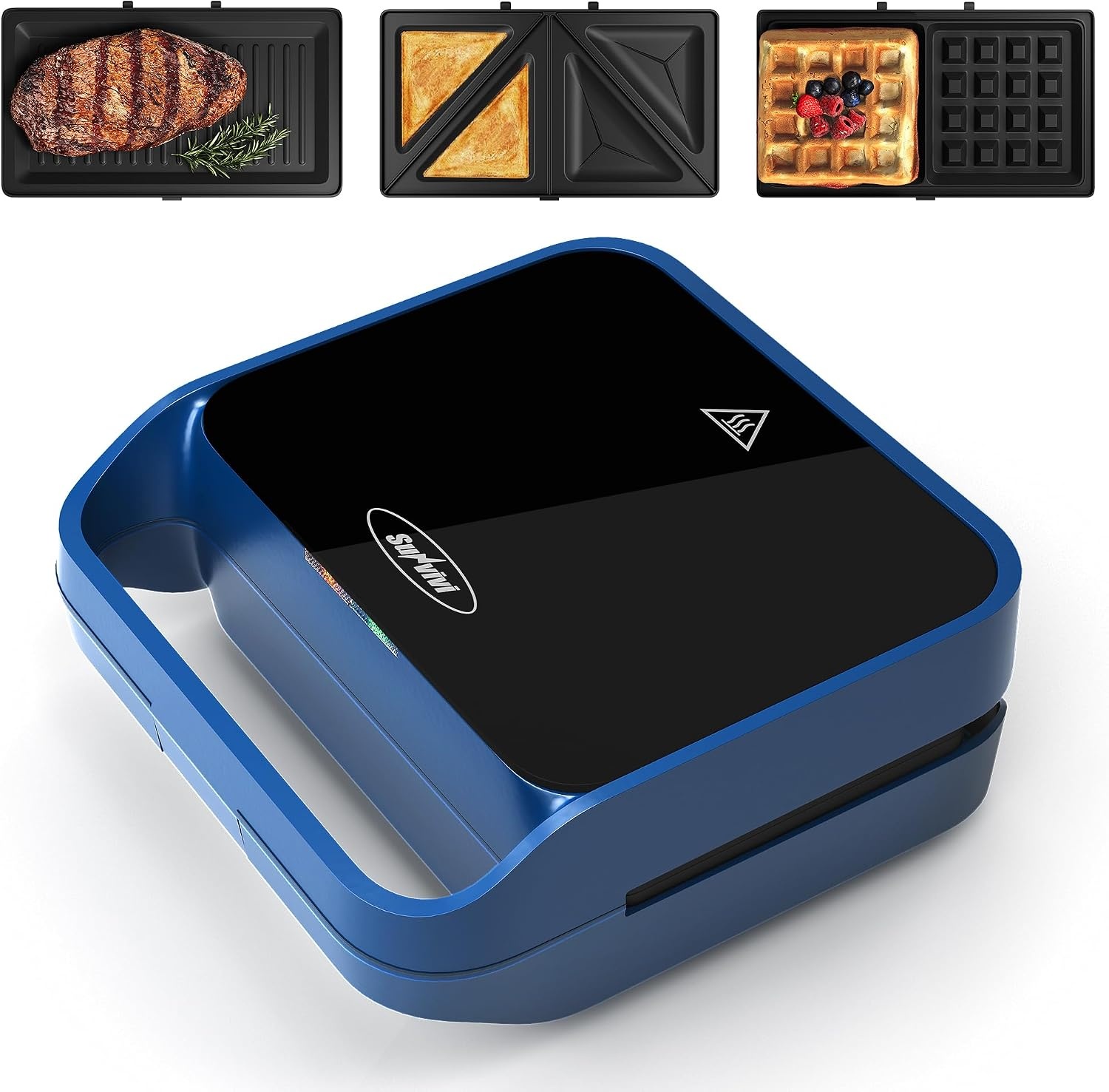 image:imageSunvivi Sandwich Maker Panini Press Waffle Maker with Removable Plates 3 in 1 Sandwich Maker Press with NonStick Plates Indicator Lights amp Cool Touch Handle 750W BlackBlueGlassTopA