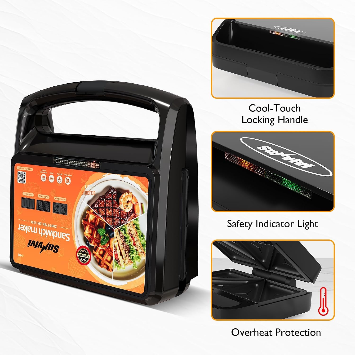 image:imageSunvivi Sandwich Maker Panini Press Waffle Maker with Removable Plates 3 in 1 Sandwich Maker Press with NonStick Plates Indicator Lights amp Cool Touch Handle 750W BlackBlackGlassTopC