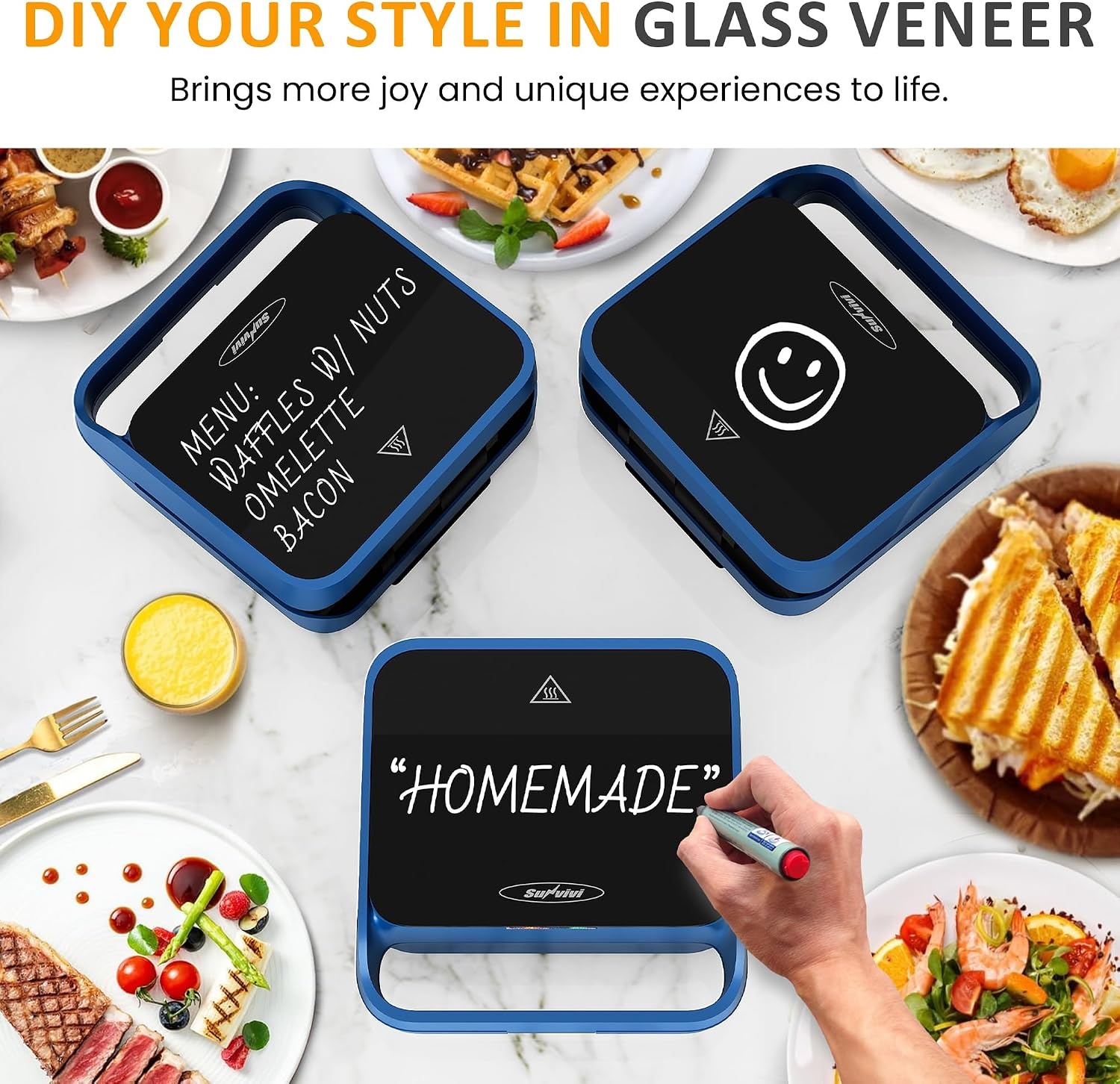 image:imageSunvivi Sandwich Maker Panini Press Waffle Maker with Removable Plates 3 in 1 Sandwich Maker Press with NonStick Plates Indicator Lights amp Cool Touch Handle 750W BlackBlueGlassTopA