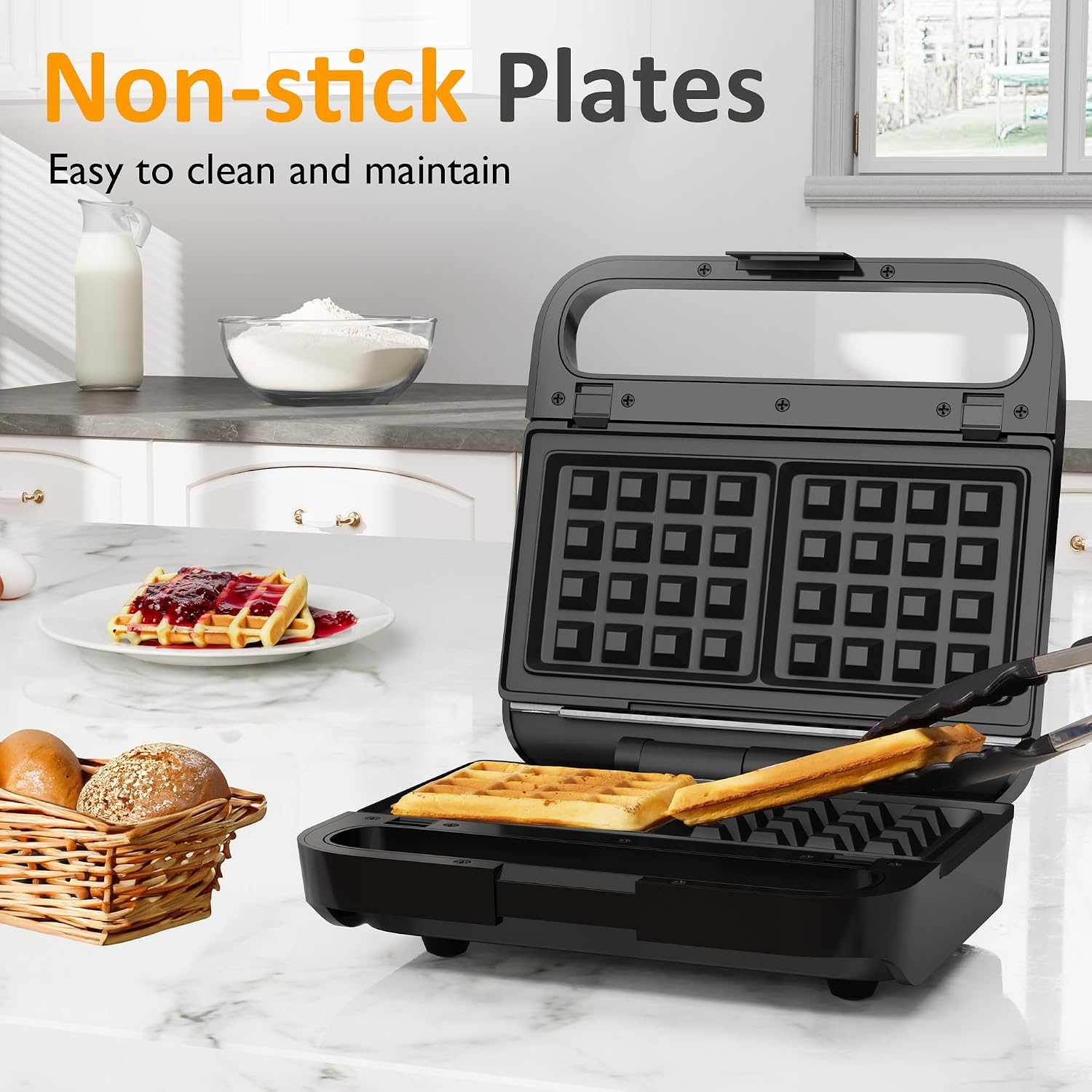 image:imageSunvivi Sandwich Maker Panini Press Waffle Maker with Removable Plates 3 in 1 Sandwich Maker Press with NonStick Plates Indicator Lights amp Cool Touch Handle 750W BlackBlackGlassTopA