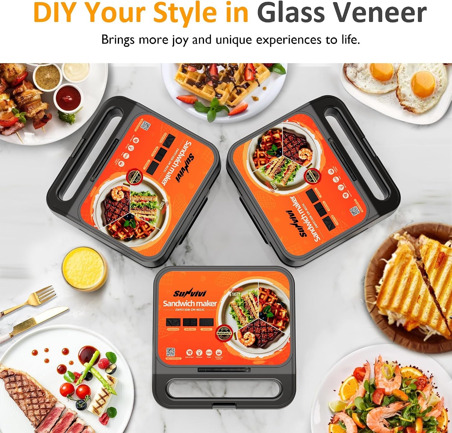 image:imageSunvivi Sandwich Maker Panini Press Waffle Maker with Removable Plates 3 in 1 Sandwich Maker Press with NonStick Plates Indicator Lights amp Cool Touch Handle 750W BlackBlackGlassTopB