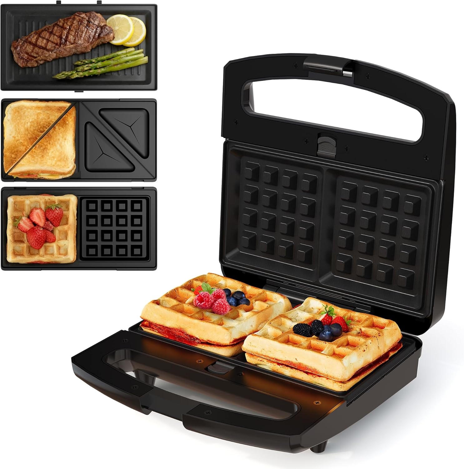 image:imageSunvivi Sandwich Maker Panini Press Waffle Maker with Removable Plates 3 in 1 Sandwich Maker Press with NonStick Plates Indicator Lights amp Cool Touch Handle 750W BlackBlackGlassTopC