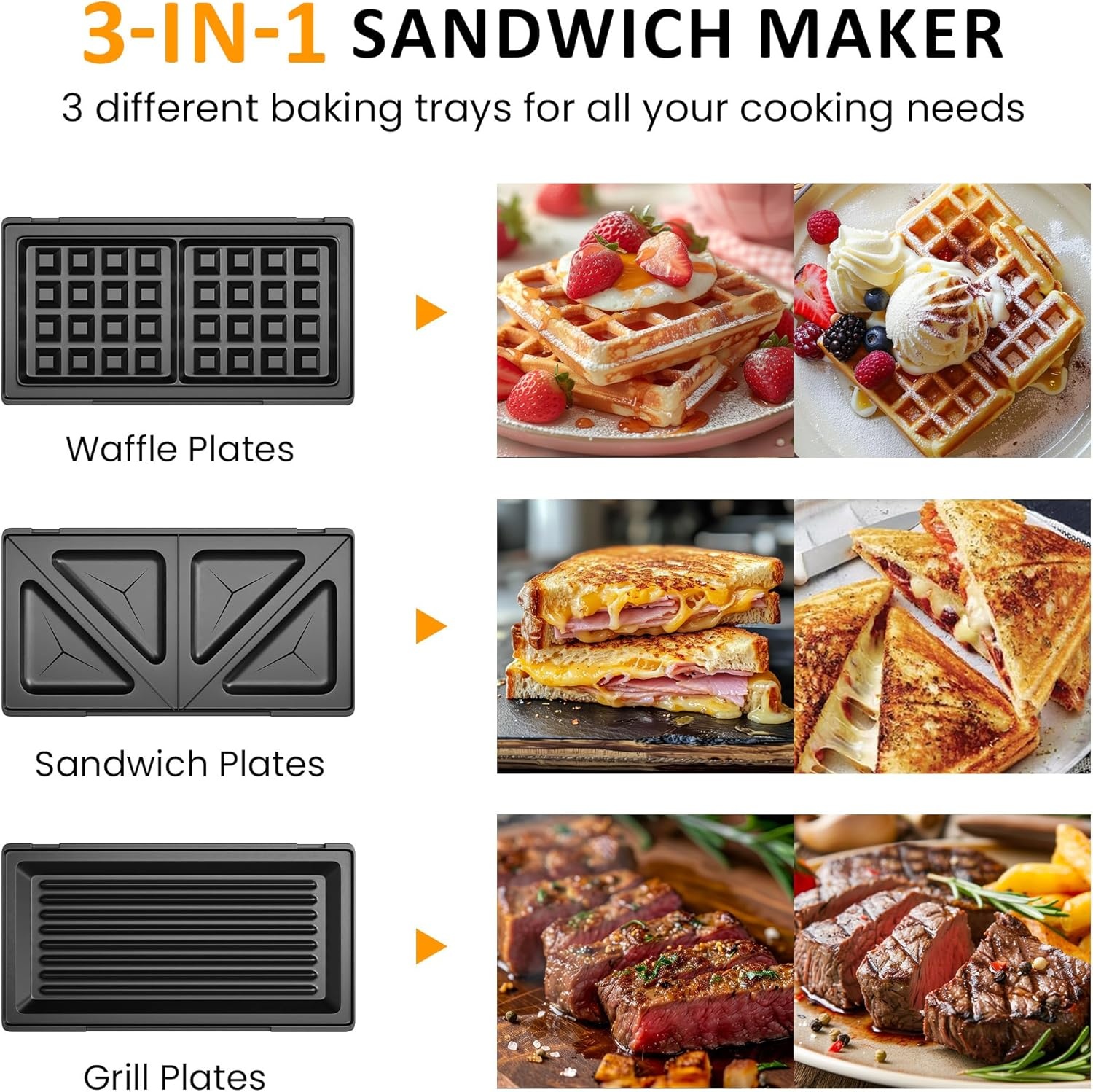 image:imageSunvivi Sandwich Maker Panini Press Waffle Maker with Removable Plates 3 in 1 Sandwich Maker Press with NonStick Plates Indicator Lights amp Cool Touch Handle 750W BlackBlack