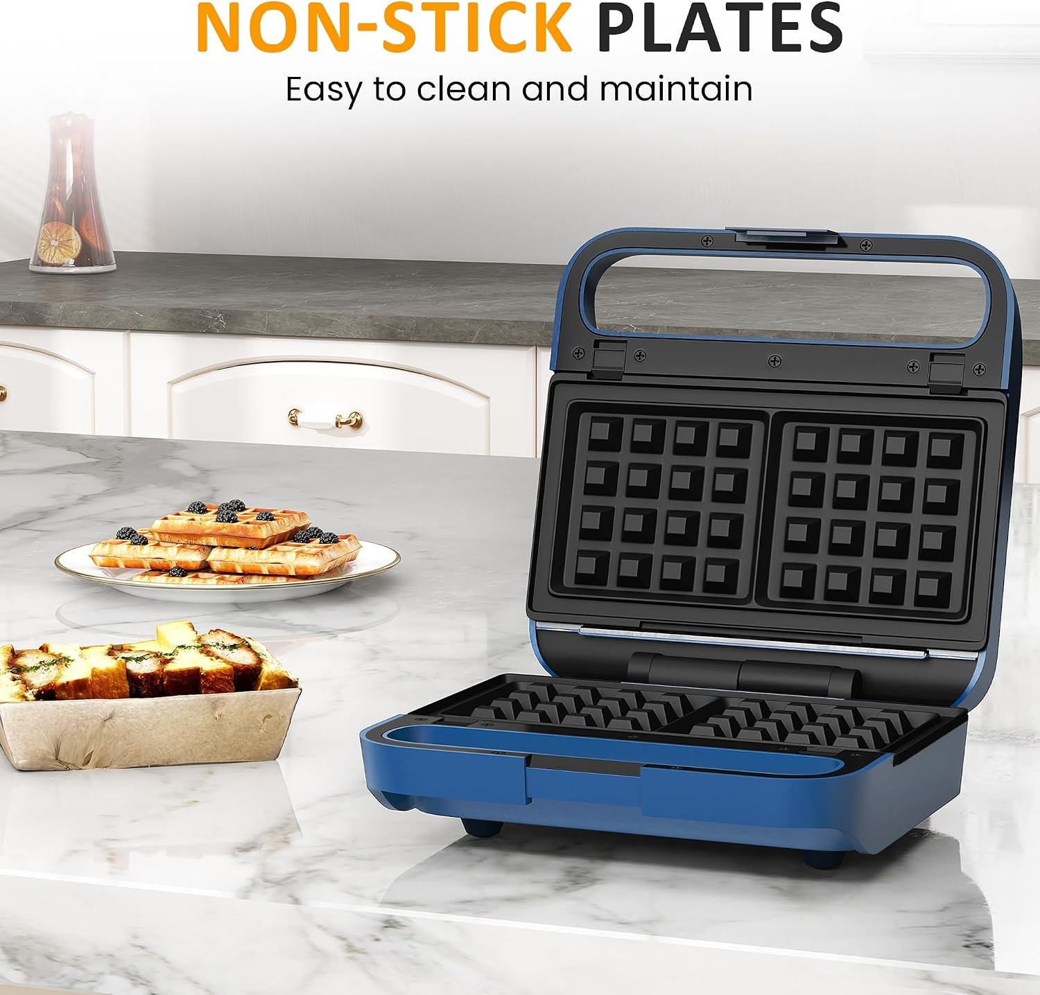 image:imageSunvivi Sandwich Maker Panini Press Waffle Maker with Removable Plates 3 in 1 Sandwich Maker Press with NonStick Plates Indicator Lights amp Cool Touch Handle 750W BlackBlueGlassTopA