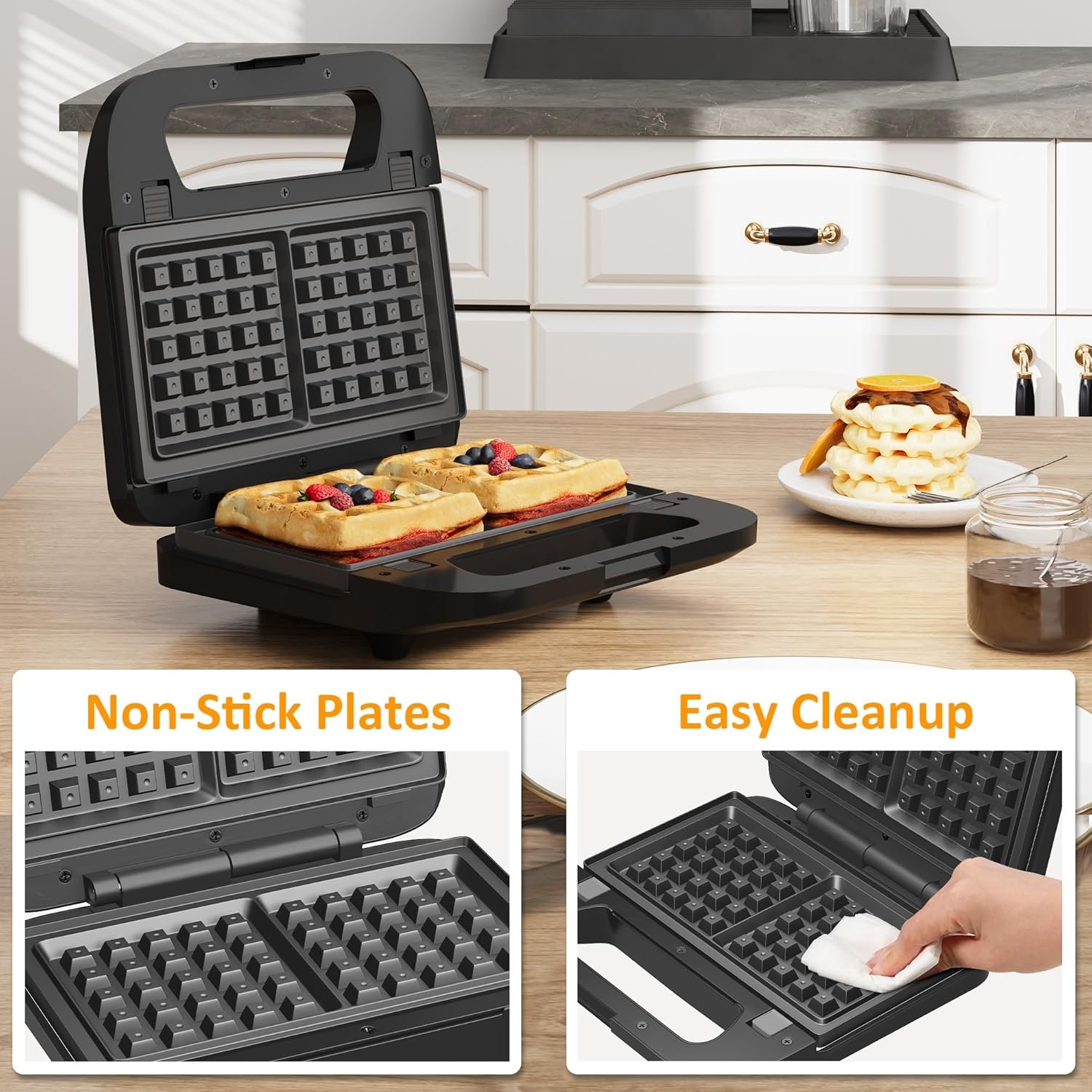 image:imageSunvivi Sandwich Maker Panini Press Waffle Maker with Removable Plates 3 in 1 Sandwich Maker Press with NonStick Plates Indicator Lights amp Cool Touch Handle 750W BlackBlack