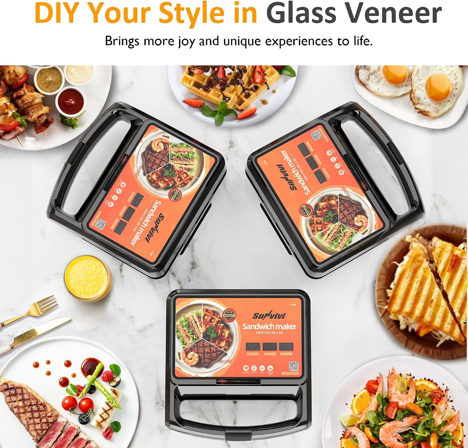 image:imageSunvivi Sandwich Maker Panini Press Waffle Maker with Removable Plates 3 in 1 Sandwich Maker Press with NonStick Plates Indicator Lights amp Cool Touch Handle 750W BlackBlackGlassTopC