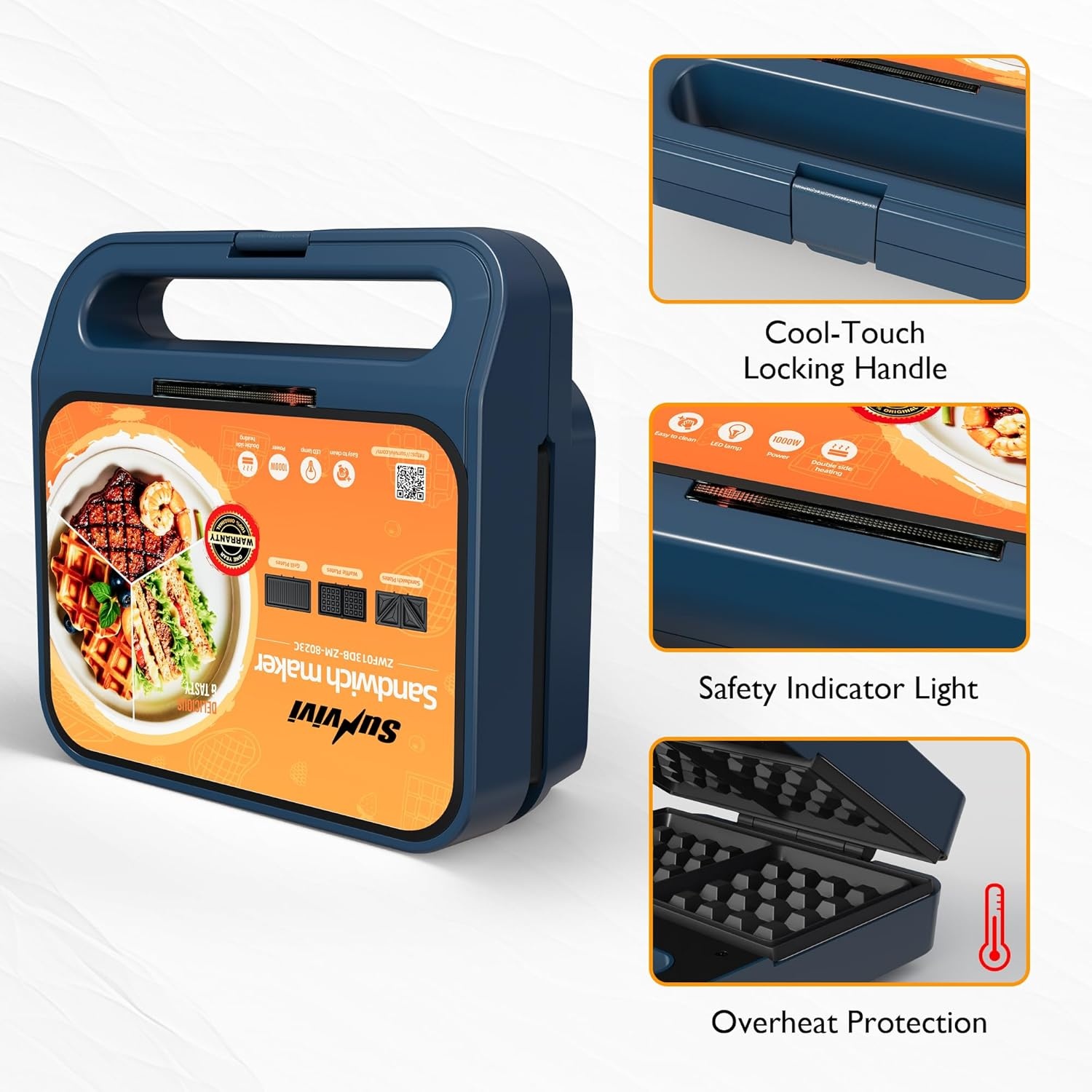 image:imageSunvivi Sandwich Maker Panini Press Waffle Maker with Removable Plates 3 in 1 Sandwich Maker Press with NonStick Plates Indicator Lights amp Cool Touch Handle 750W BlackBlueGlassTopB