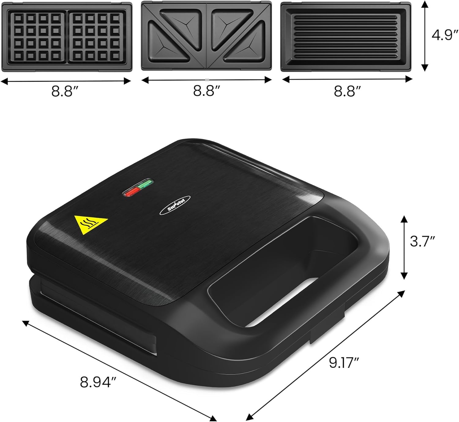 image:imageSunvivi Sandwich Maker Panini Press Waffle Maker with Removable Plates 3 in 1 Sandwich Maker Press with NonStick Plates Indicator Lights amp Cool Touch Handle 750W BlackBlack