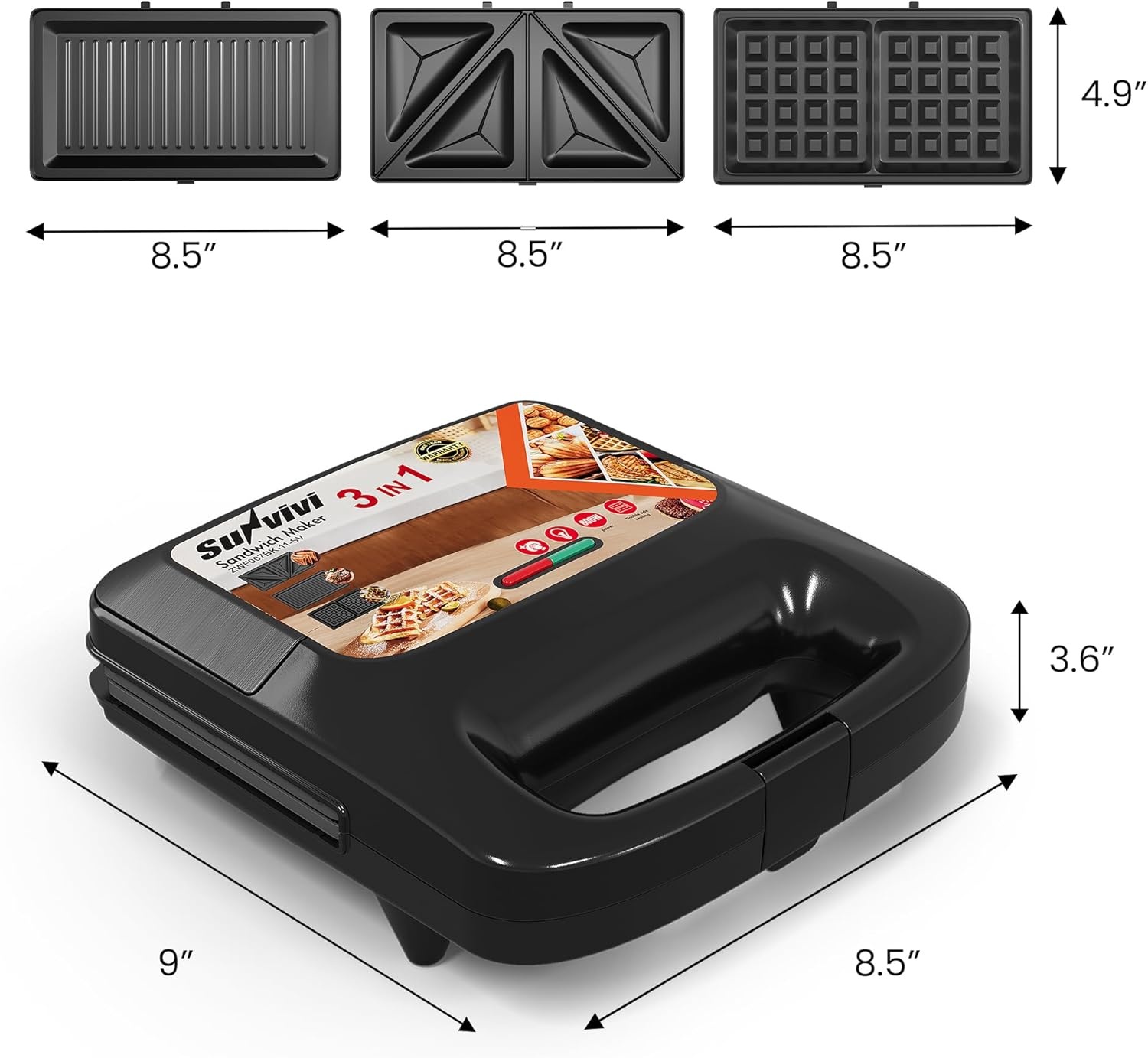 image:imageSunvivi Sandwich Maker Panini Press Waffle Maker with Removable Plates 3 in 1 Sandwich Maker Press with NonStick Plates Indicator Lights amp Cool Touch Handle 750W BlackNewBalck
