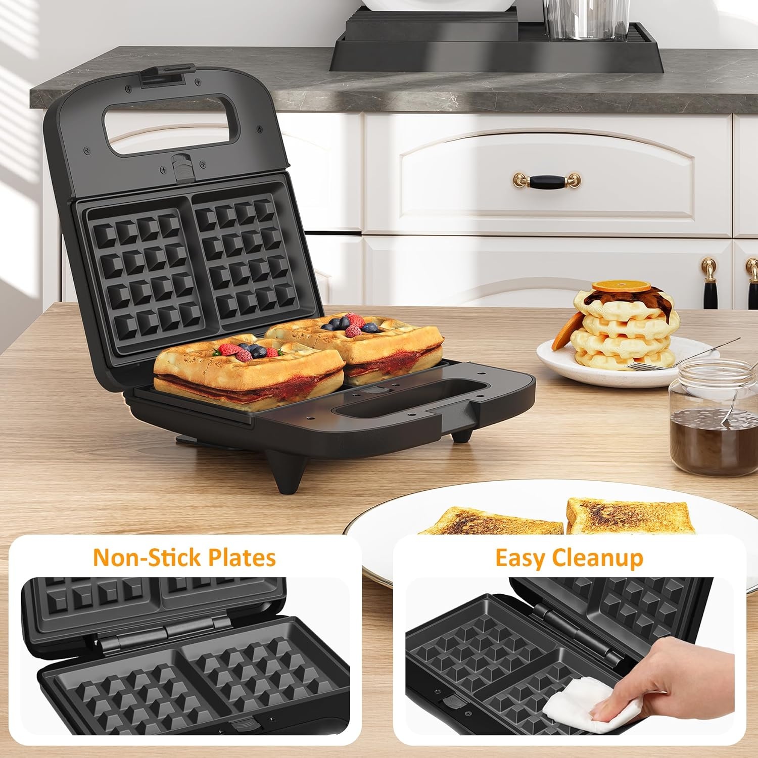 image:imageSunvivi Sandwich Maker Panini Press Waffle Maker with Removable Plates 3 in 1 Sandwich Maker Press with NonStick Plates Indicator Lights amp Cool Touch Handle 750W BlackNewBalck