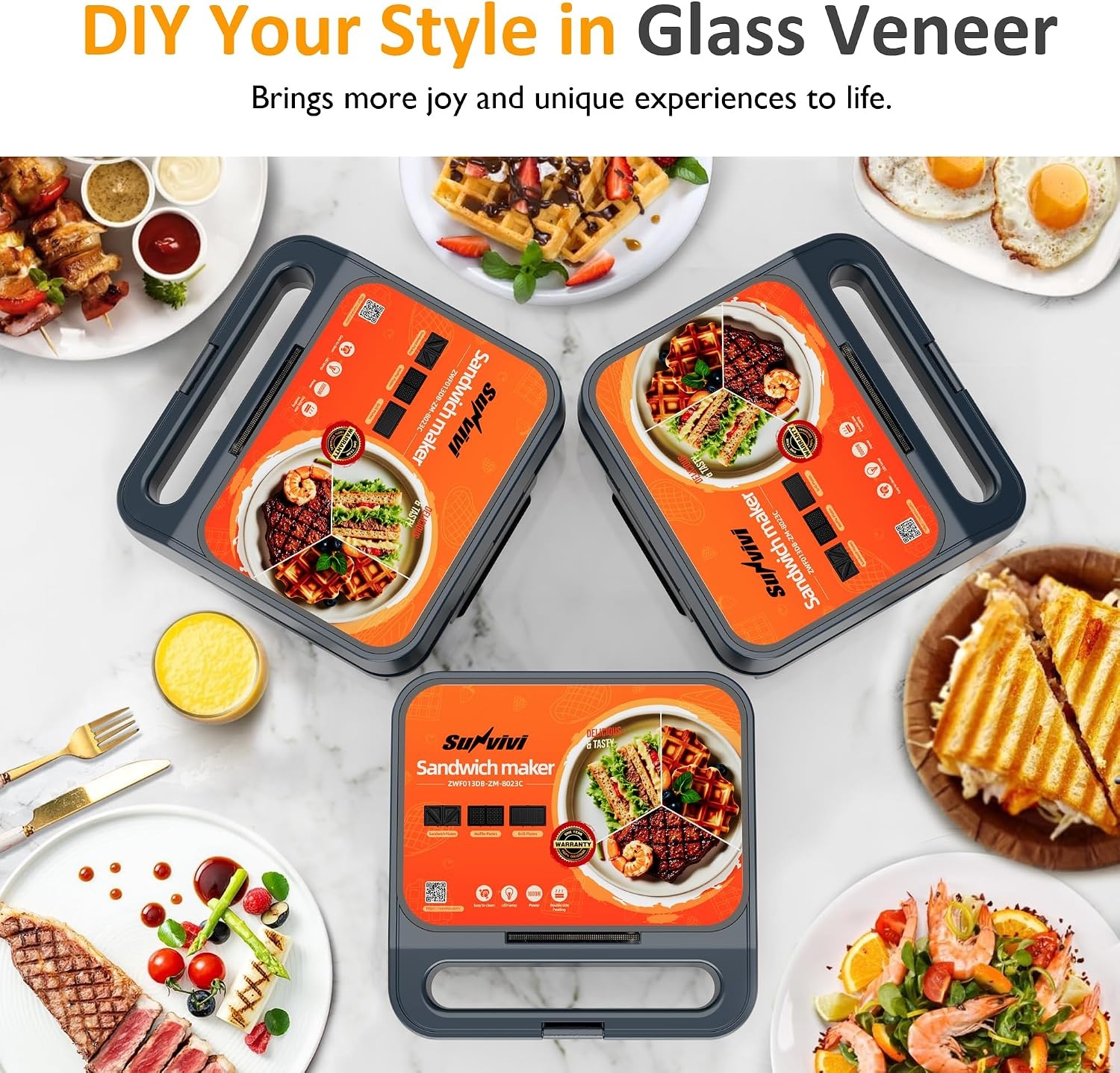 image:imageSunvivi Sandwich Maker Panini Press Waffle Maker with Removable Plates 3 in 1 Sandwich Maker Press with NonStick Plates Indicator Lights amp Cool Touch Handle 750W BlackBlueGlassTopB