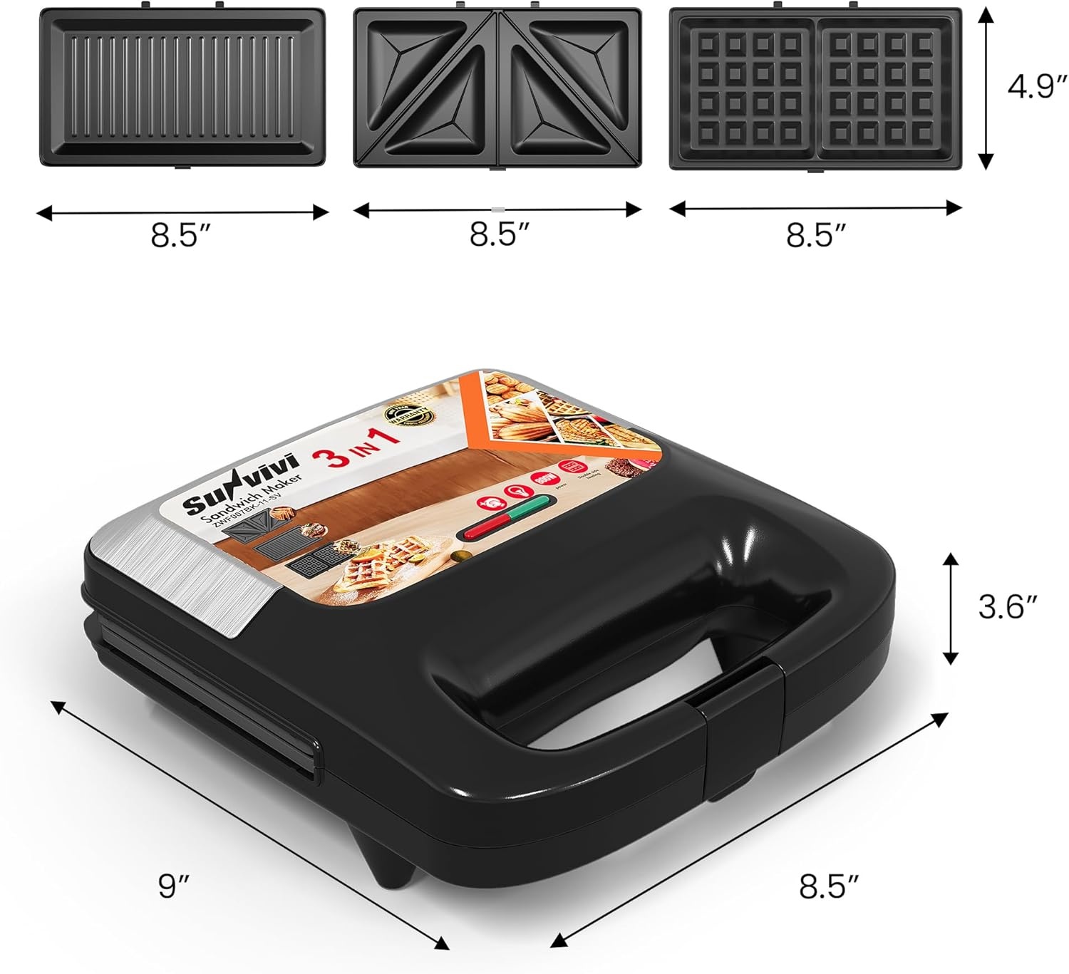 image:imageSunvivi Sandwich Maker Panini Press Waffle Maker with Removable Plates 3 in 1 Sandwich Maker Press with NonStick Plates Indicator Lights amp Cool Touch Handle 750W BlackNewSilver