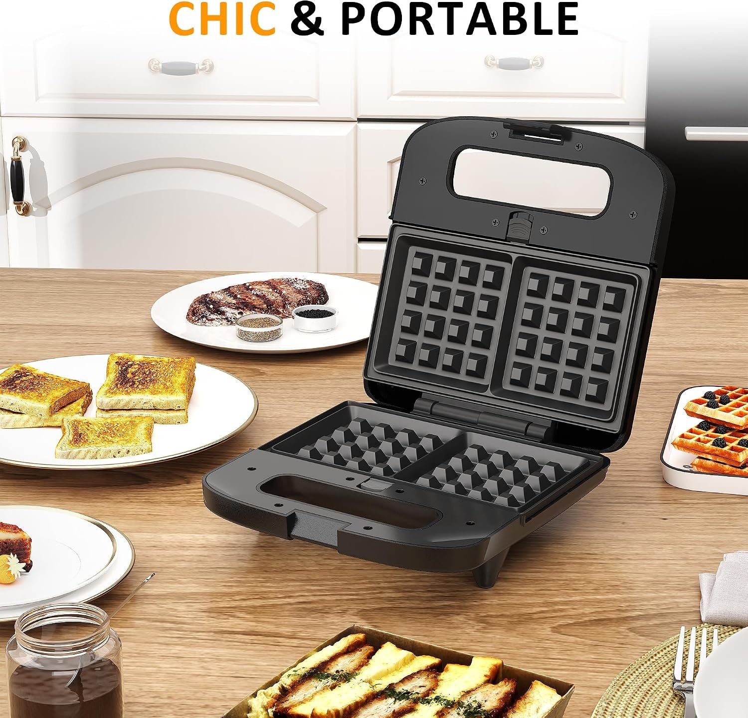 image:imageSunvivi Sandwich Maker Panini Press Waffle Maker with Removable Plates 3 in 1 Sandwich Maker Press with NonStick Plates Indicator Lights amp Cool Touch Handle 750W BlackNewSilver