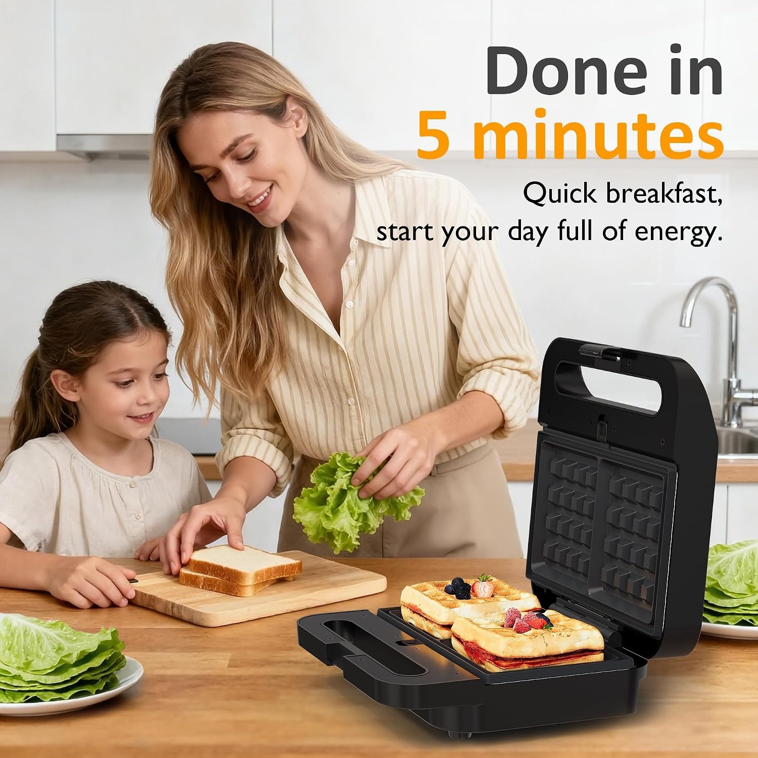 image:imageSunvivi Sandwich Maker Panini Press Waffle Maker with Removable Plates 3 in 1 Sandwich Maker Press with NonStick Plates Indicator Lights amp Cool Touch Handle 750W BlackBlackGlassTopB