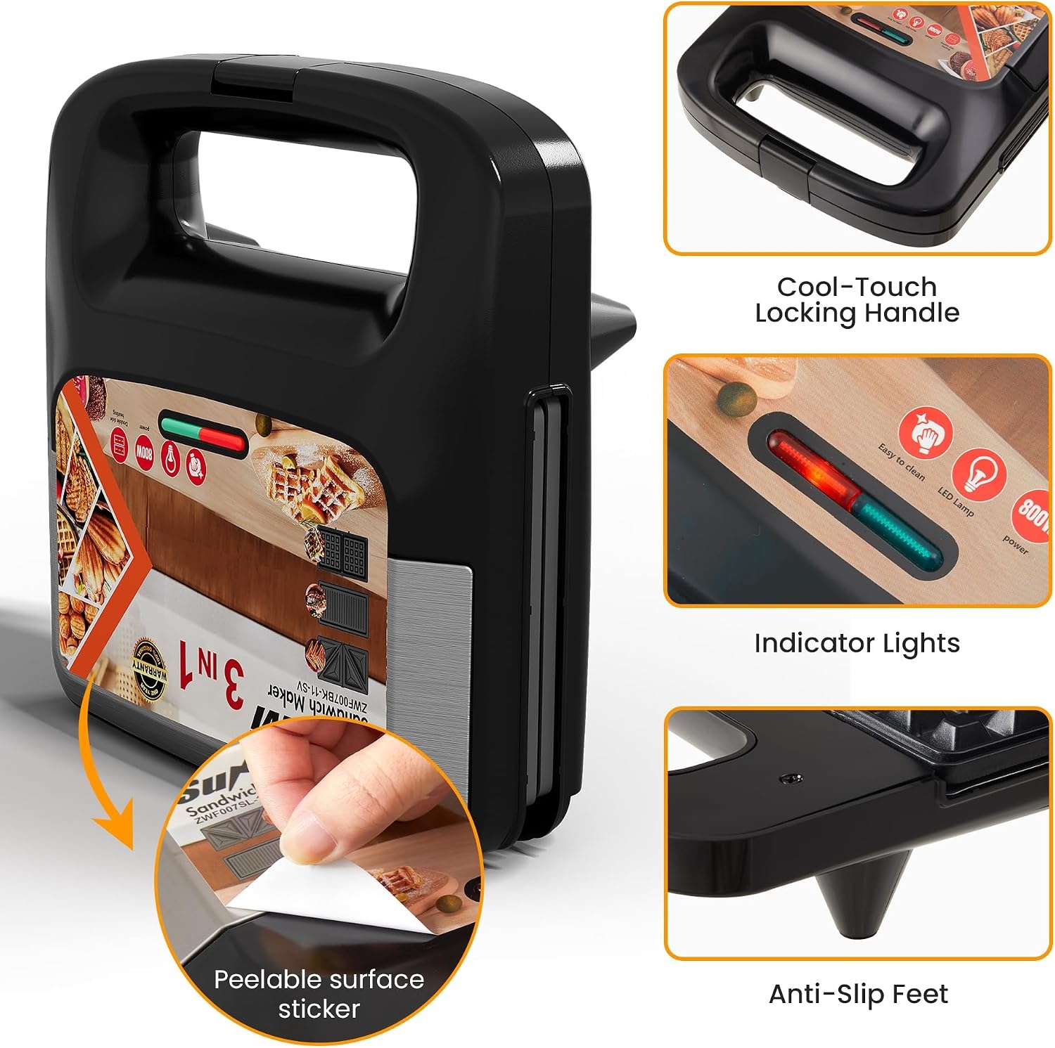 image:imageSunvivi Sandwich Maker Panini Press Waffle Maker with Removable Plates 3 in 1 Sandwich Maker Press with NonStick Plates Indicator Lights amp Cool Touch Handle 750W BlackNewSilver