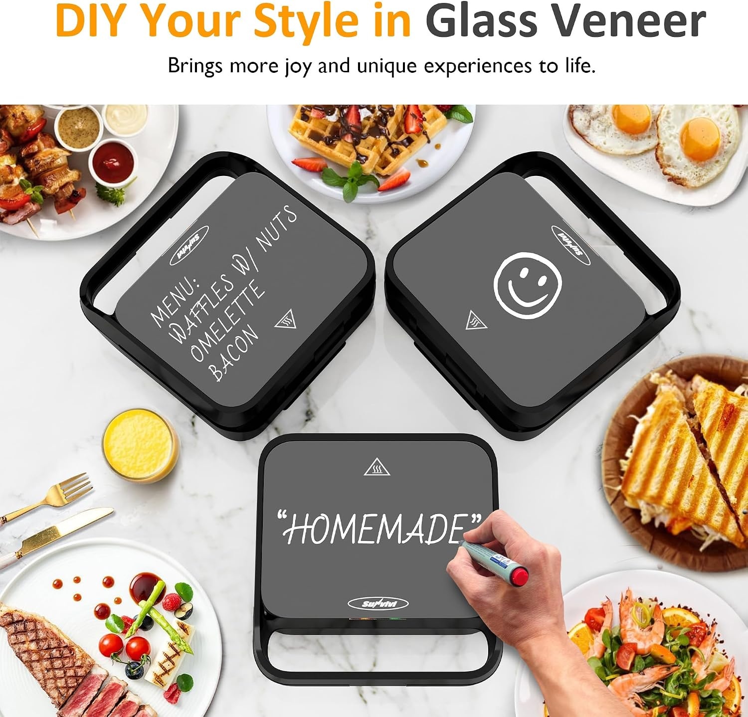image:imageSunvivi Sandwich Maker Panini Press Waffle Maker with Removable Plates 3 in 1 Sandwich Maker Press with NonStick Plates Indicator Lights amp Cool Touch Handle 750W BlackBlackGlassTopA