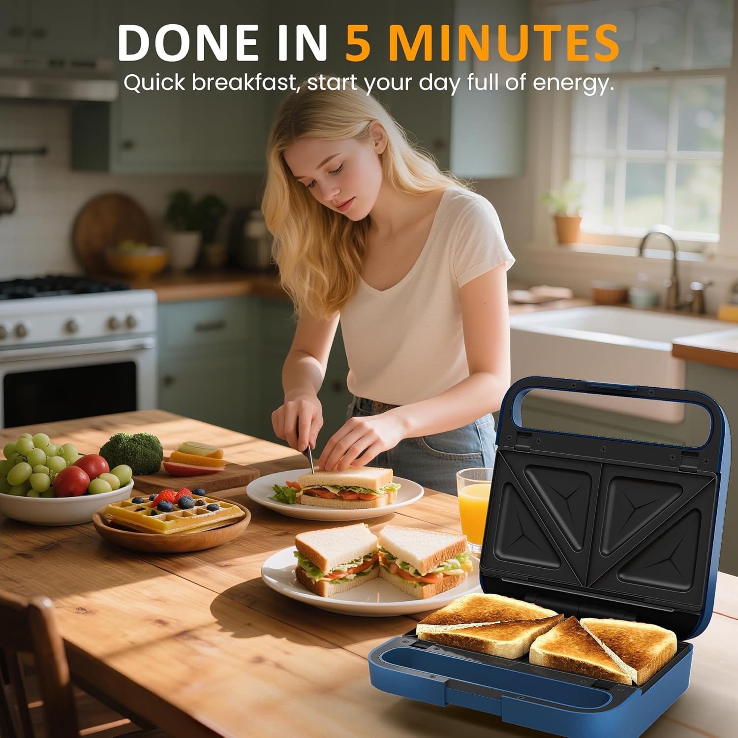 image:imageSunvivi Sandwich Maker Panini Press Waffle Maker with Removable Plates 3 in 1 Sandwich Maker Press with NonStick Plates Indicator Lights amp Cool Touch Handle 750W BlackBlueGlassTopA