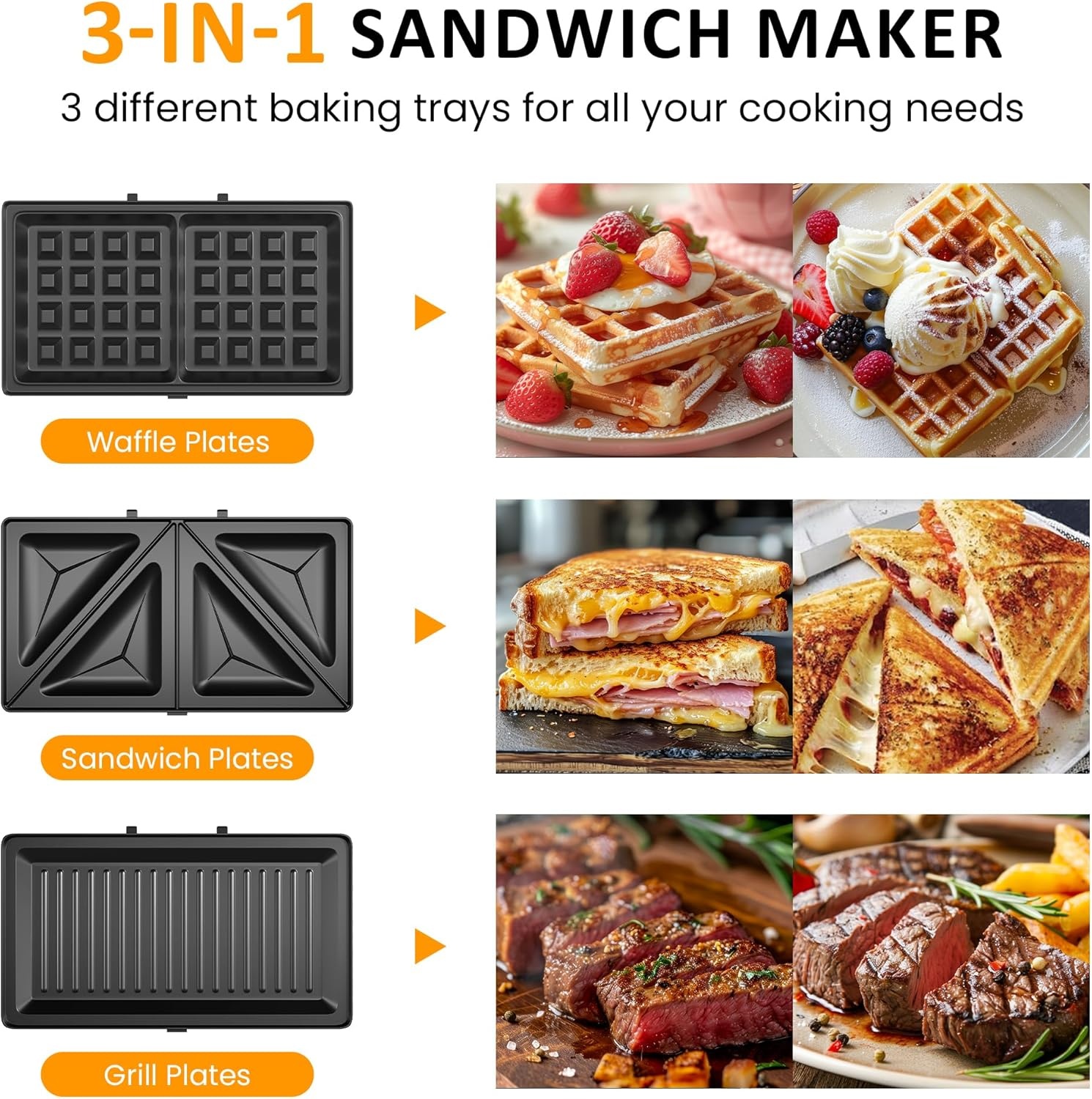 image:imageSunvivi Sandwich Maker Panini Press Waffle Maker with Removable Plates 3 in 1 Sandwich Maker Press with NonStick Plates Indicator Lights amp Cool Touch Handle 750W BlackNewSilver